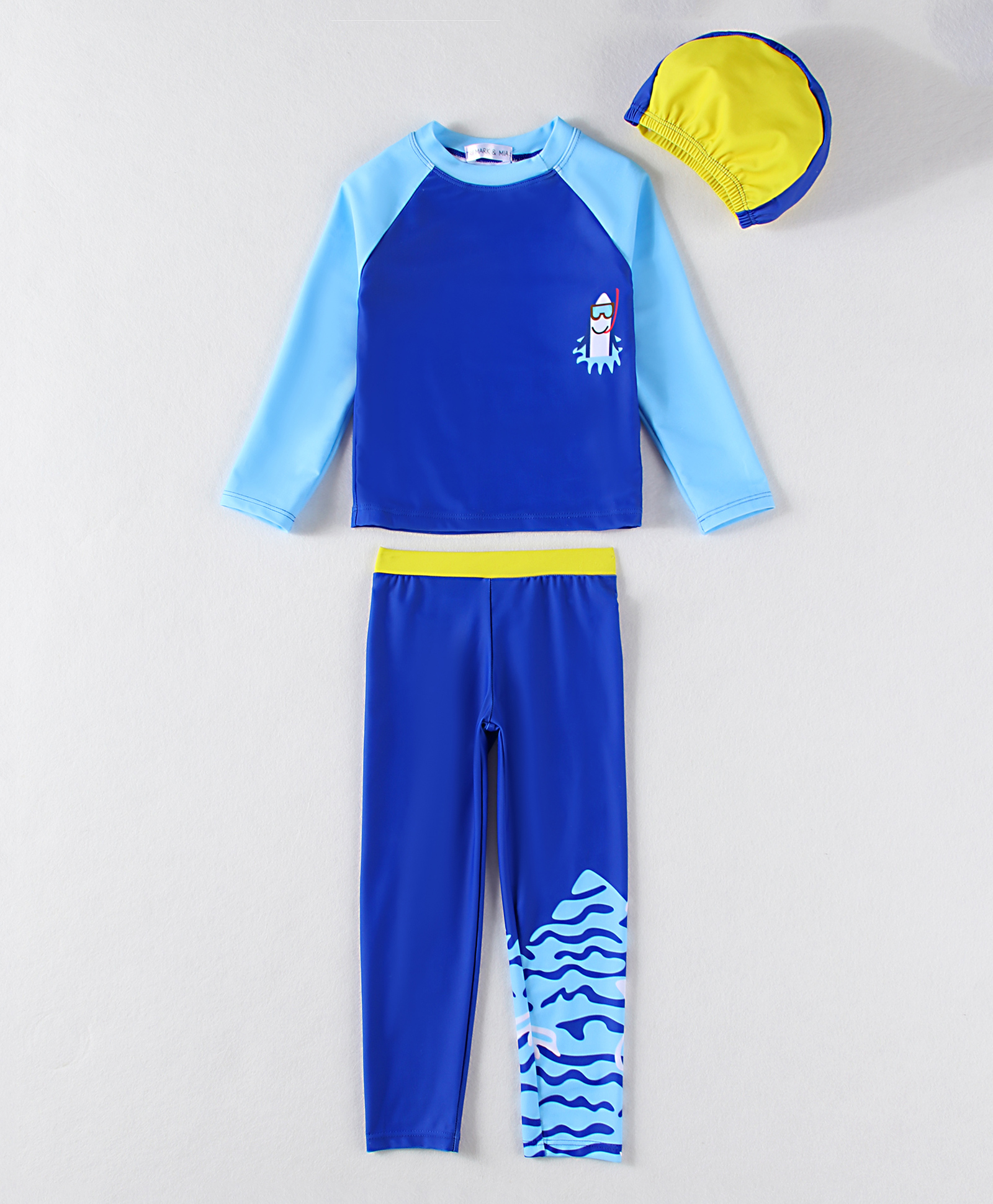 Mark & Mia Full Raglan Sleeves Two Piece Swimsuit With Shark Print & Swimming Cap - Blue-image-32