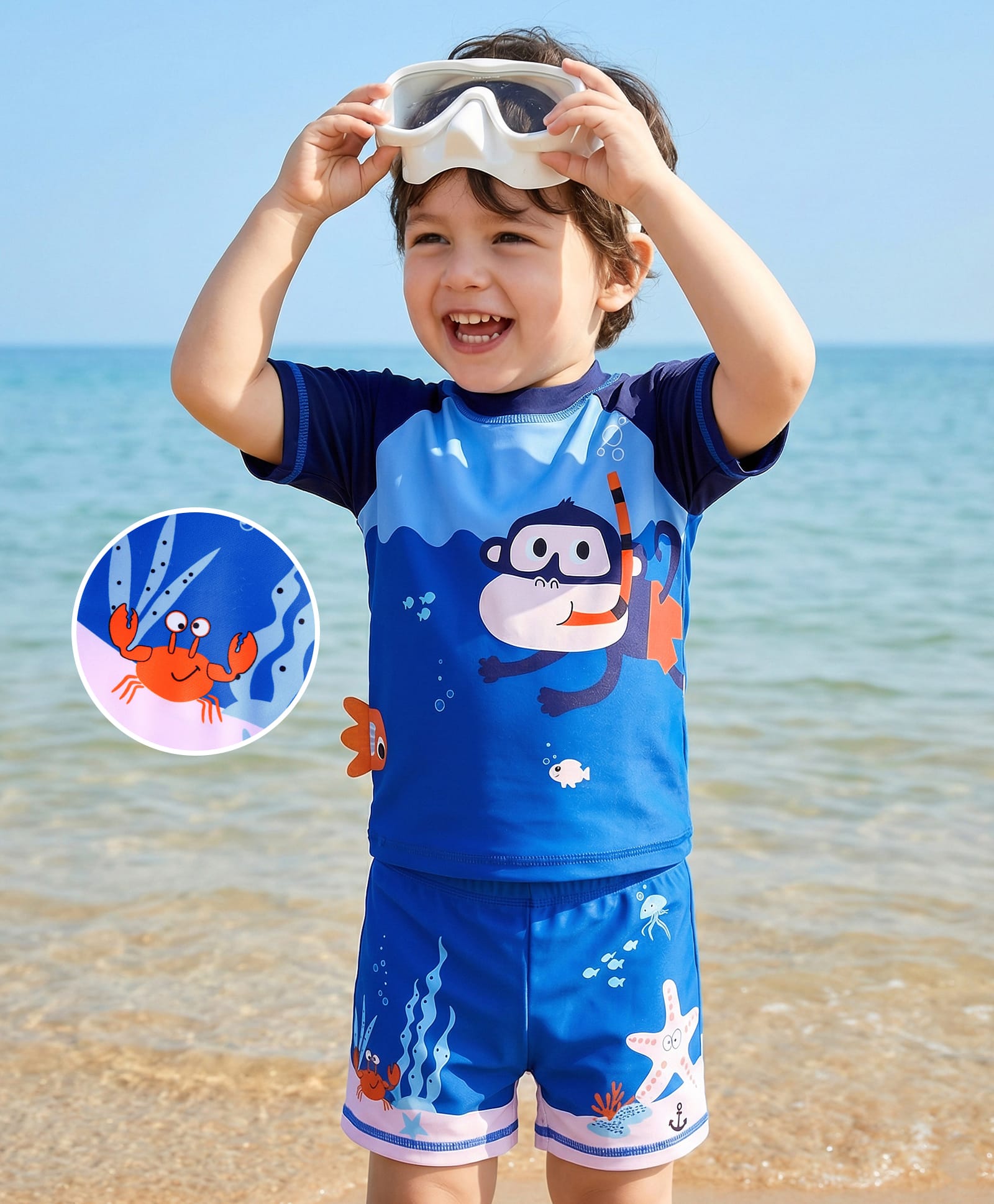 Mark & Mia Half Raglan Sleeves Two Piece Swimsuit With Animal Print & Fish Applique - Blue