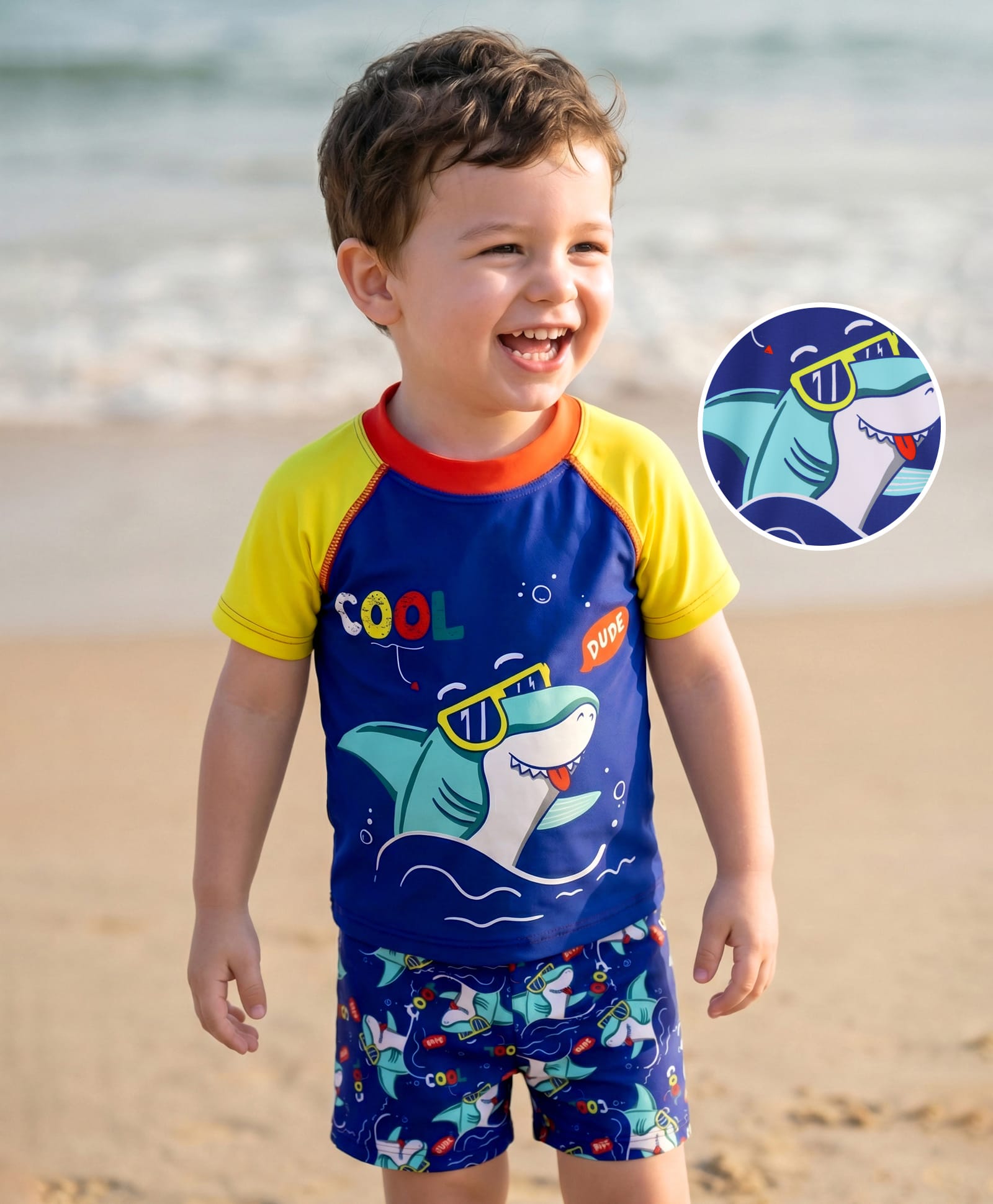 Mark & Mia Half Raglan Sleeves Two Piece Swimsuit With Shark Print - Blue & Yellow-image-30