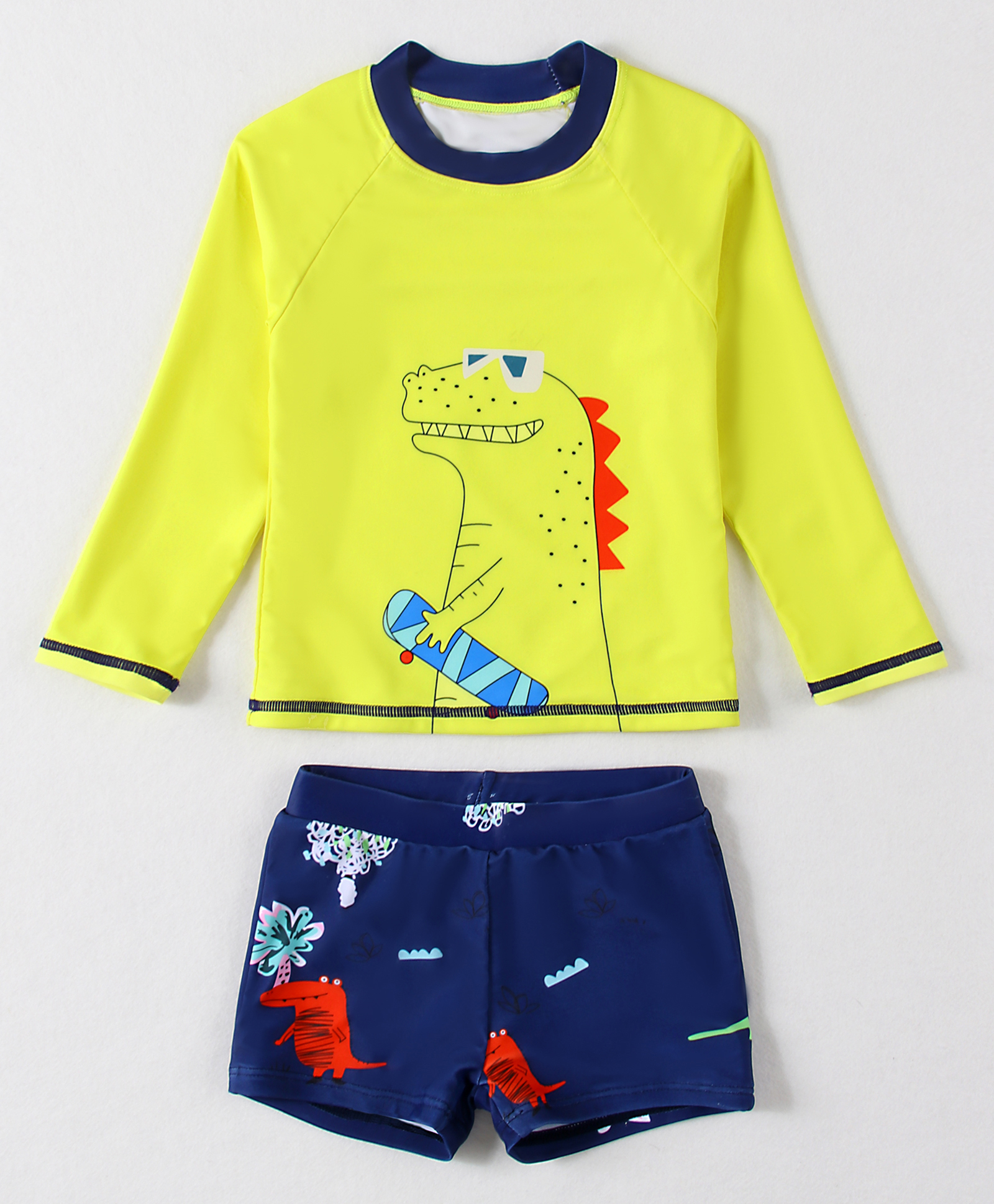 Mark & Mia Full Sleeves Two Piece Swimsuit With Dino Print - Yellow