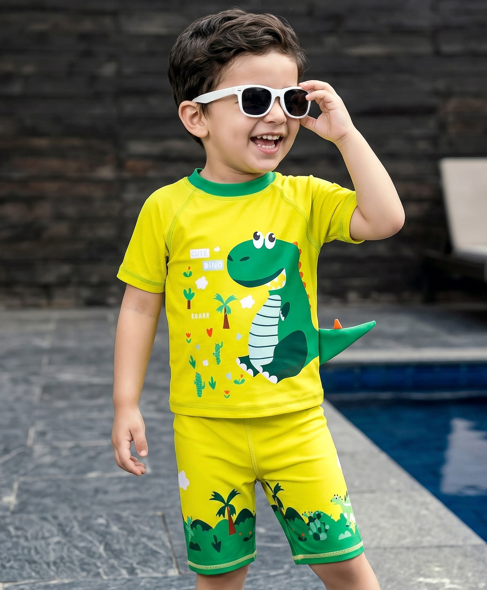Babyhug Half Raglan Sleeves Two Piece Swimsuit With Dino Print & Applique - Yellow-image-29