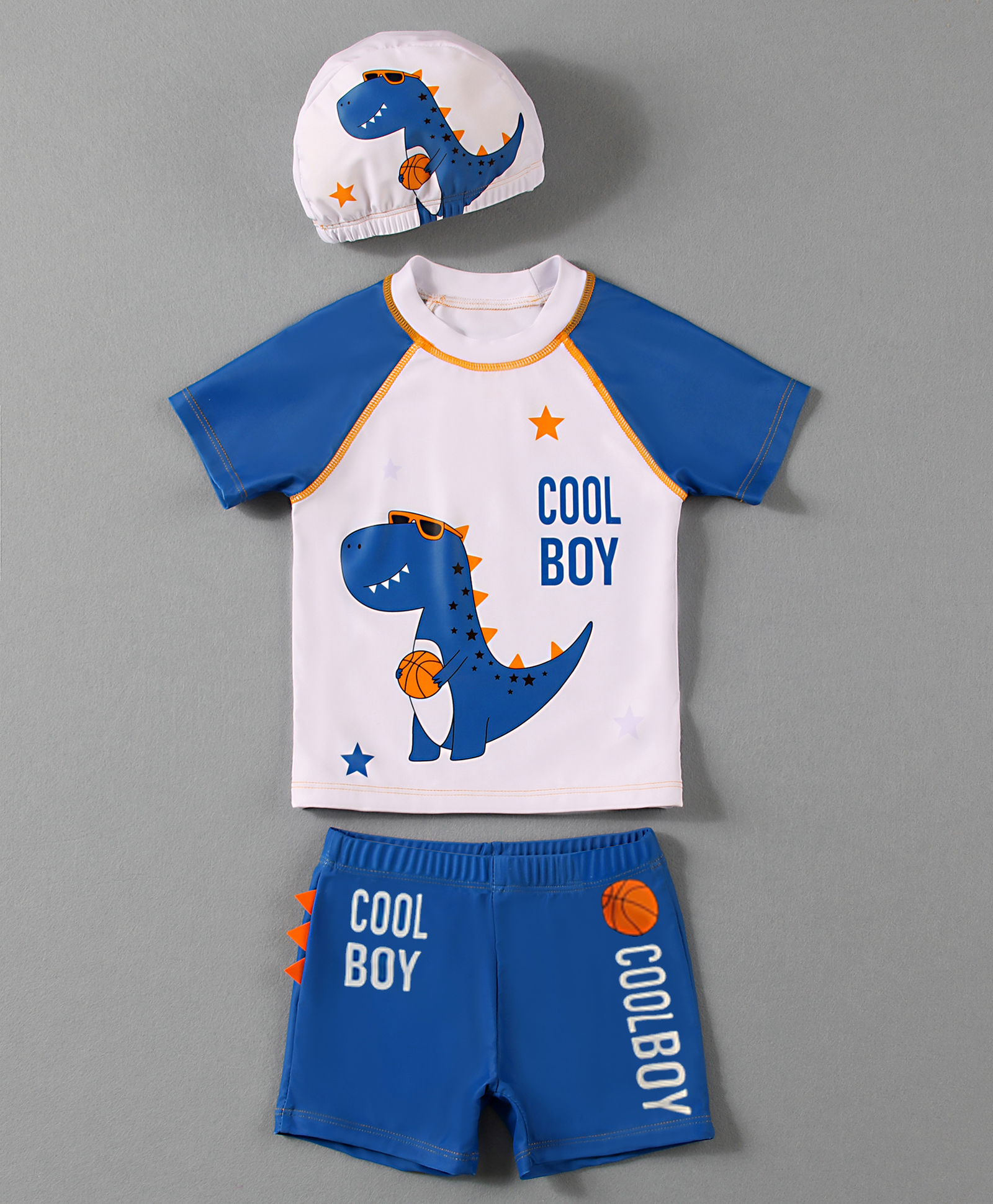 Mark & Mia Half Raglan Sleeves Two Piece Swimsuit With Dino Print & Swimming Cap - White & Blue-picture-12