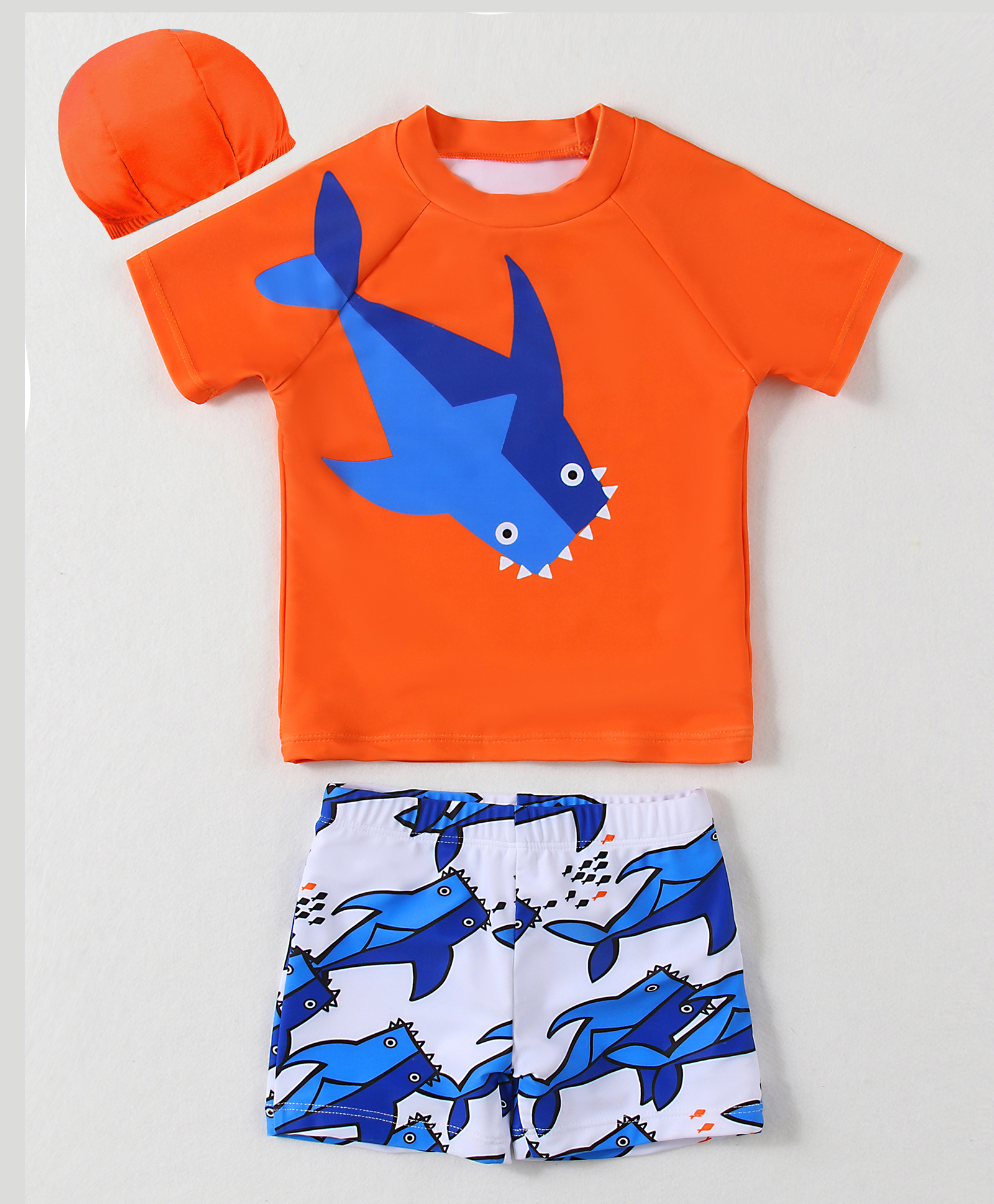 Mark & Mia Half Raglan Sleeves Two Piece Swimsuit With Shark Print & Swimming Cap - Orange-picture-23