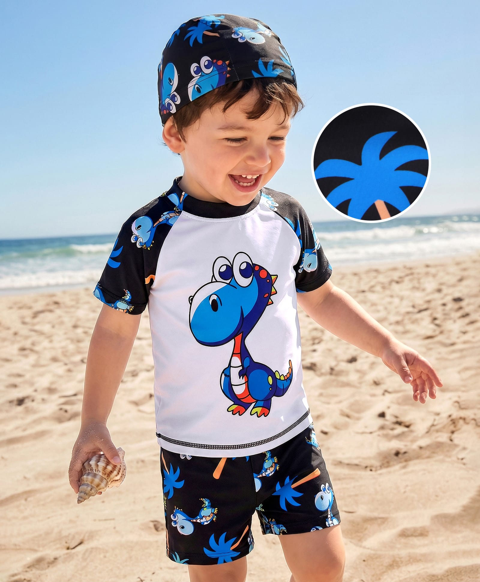 Mark & Mia Half Raglan Sleeves Two Piece Swimsuit With Dino Print & Swimming Cap - White & Black-image-1