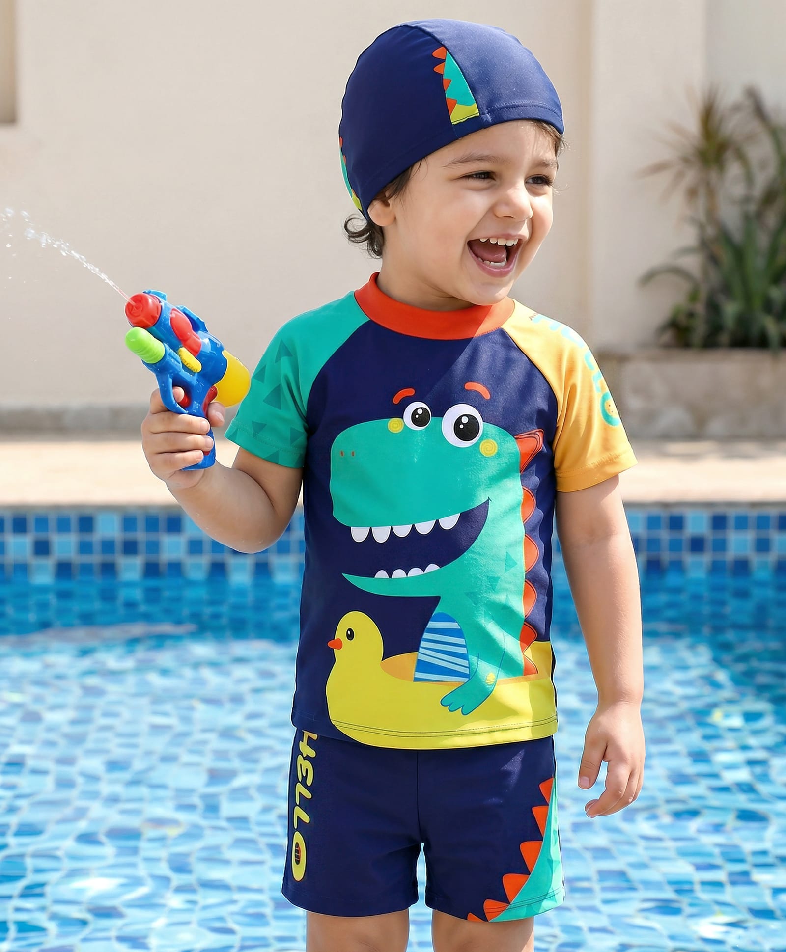 Babyhug Half Raglan Sleeves Two Piece Swimsuit With Dino Print & Swimming Cap - Navy Blue-picture-15
