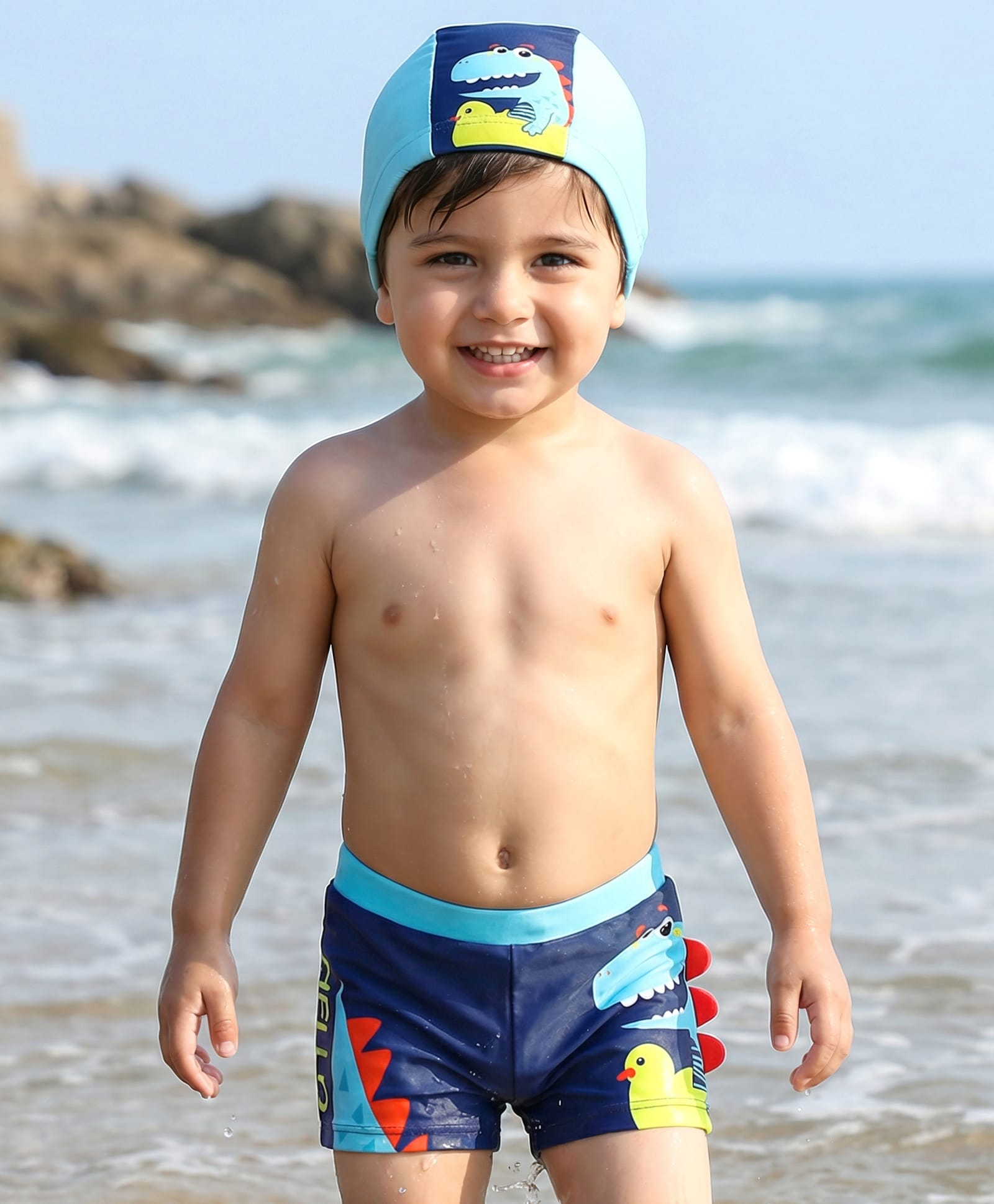 Babyhug Swimming Trunk With Dino Print & Swimming Cap - Navy Blue