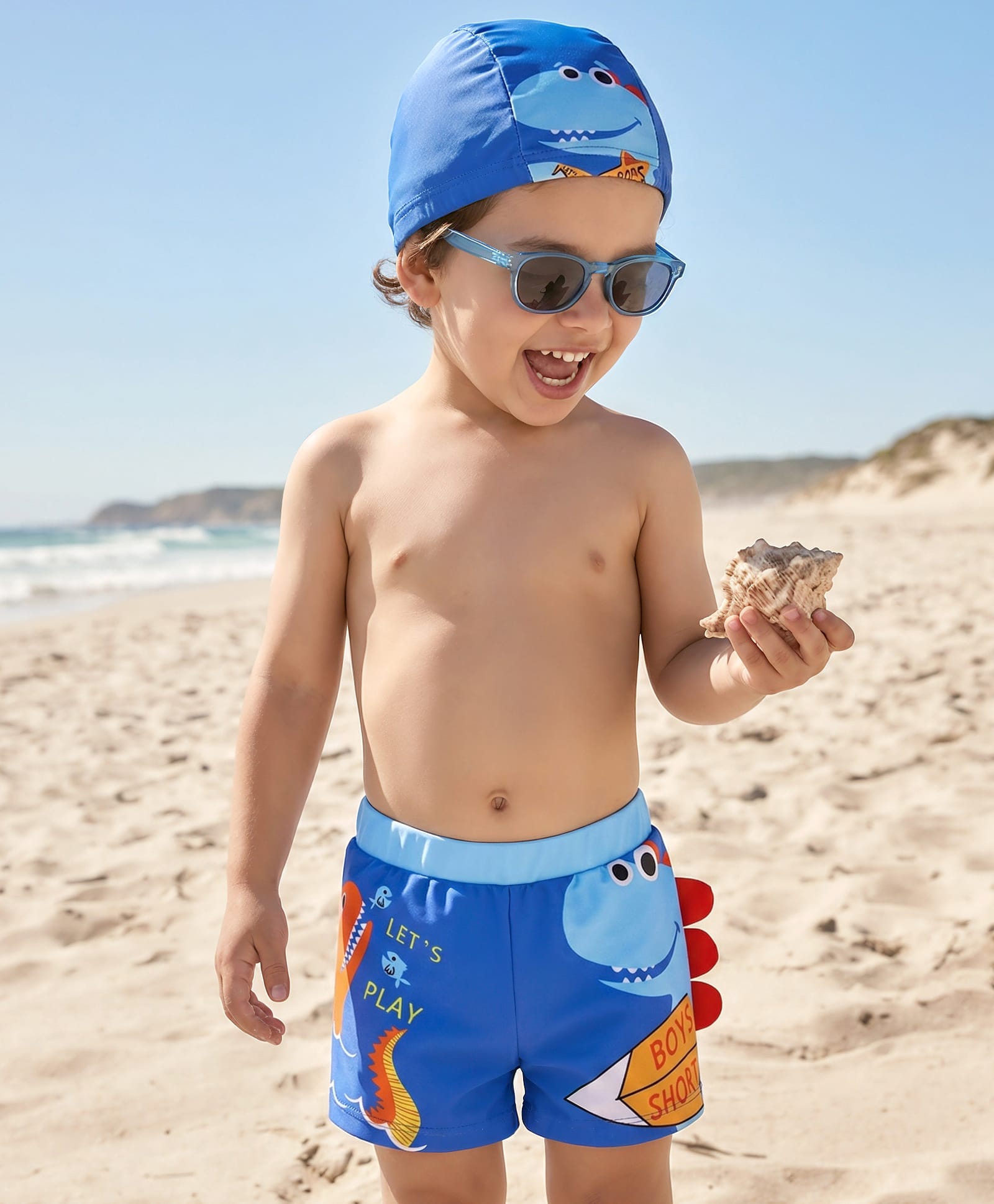 Babyhug Swimming Trunk With Dino Print & Swimming Cap - Blue-image-45