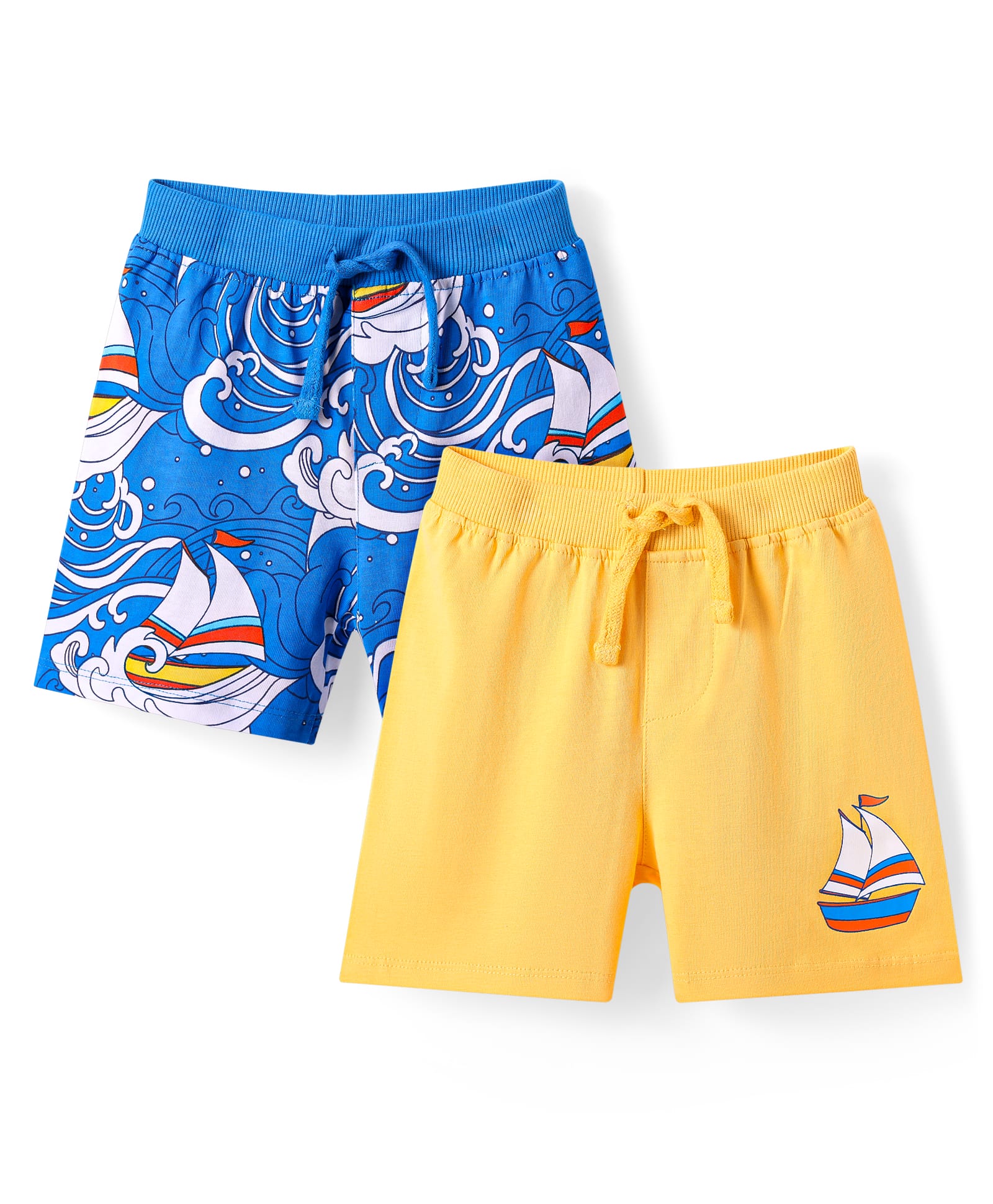 Babyhug Cotton Knit Mid Thigh Length Shorts with Nautical Theme Print Pack of 2 - Yellow & Blue-picture-10
