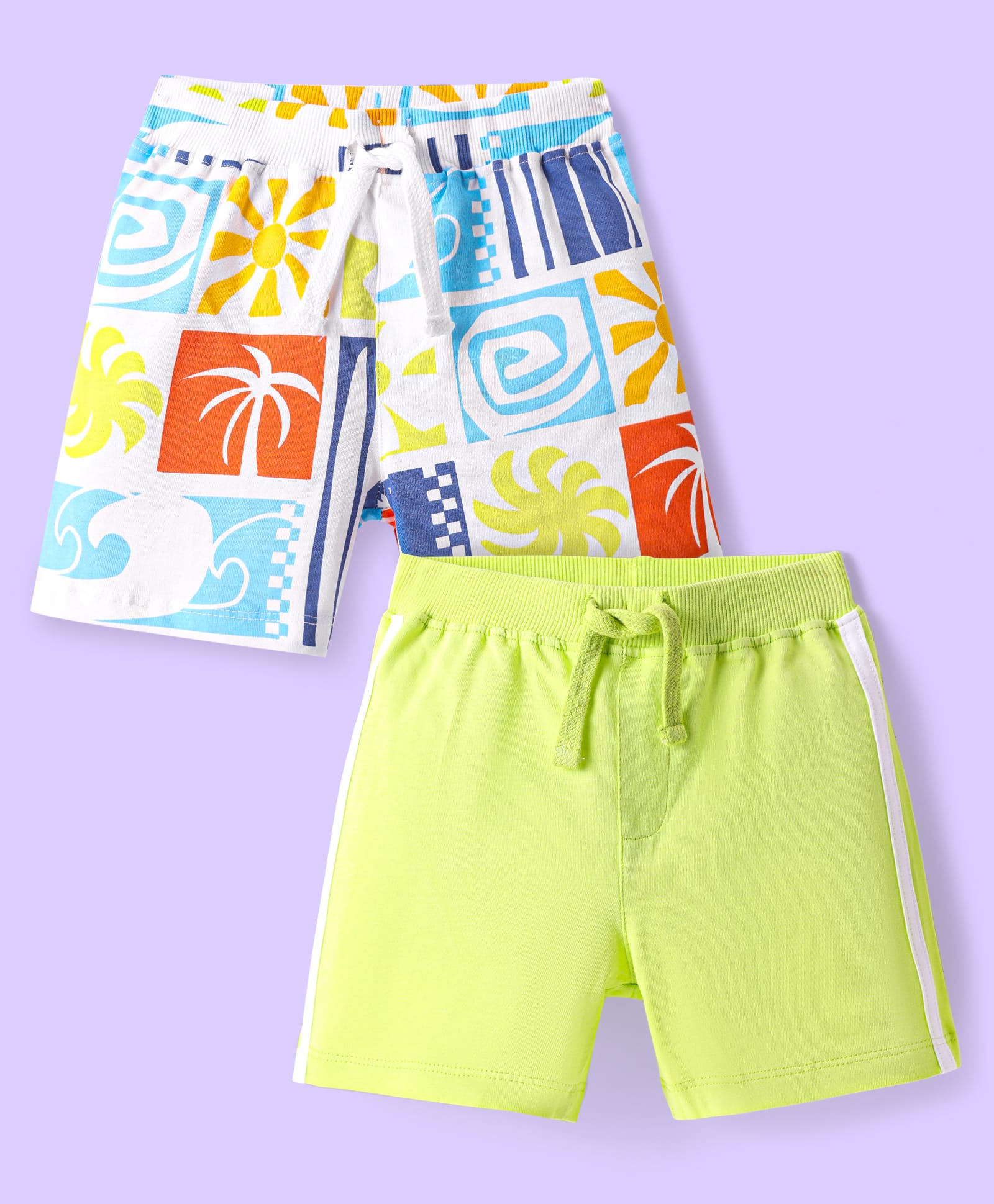 Babyhug Single Jersey Knit Shorts with Beach Theme Print Pack of 2 - Neon Green & Blue-image-38