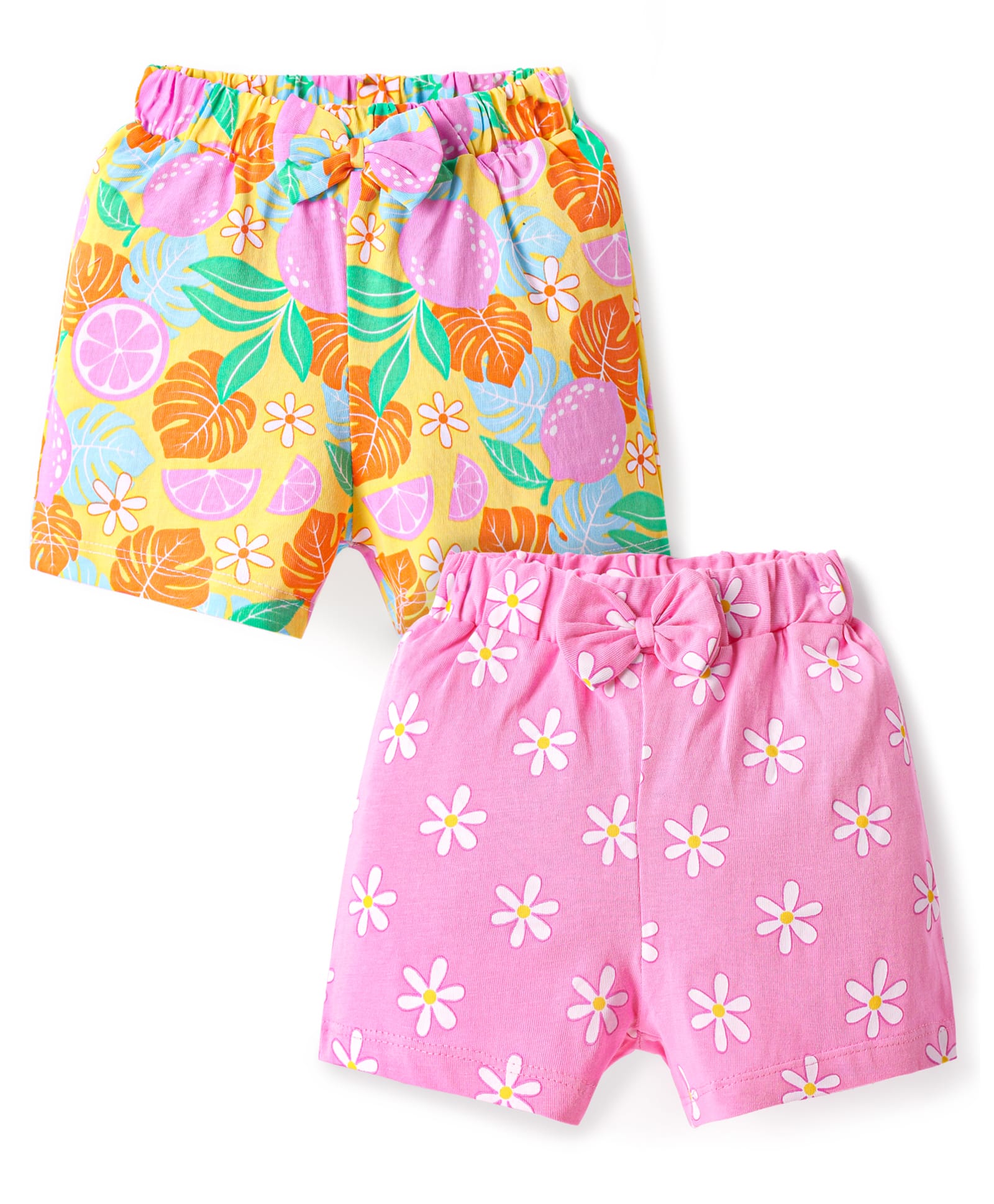 Babyhug Single Jersey Knit Shorts with Tropical Print & Bow Applique Pack of 2 - Pink-image-38