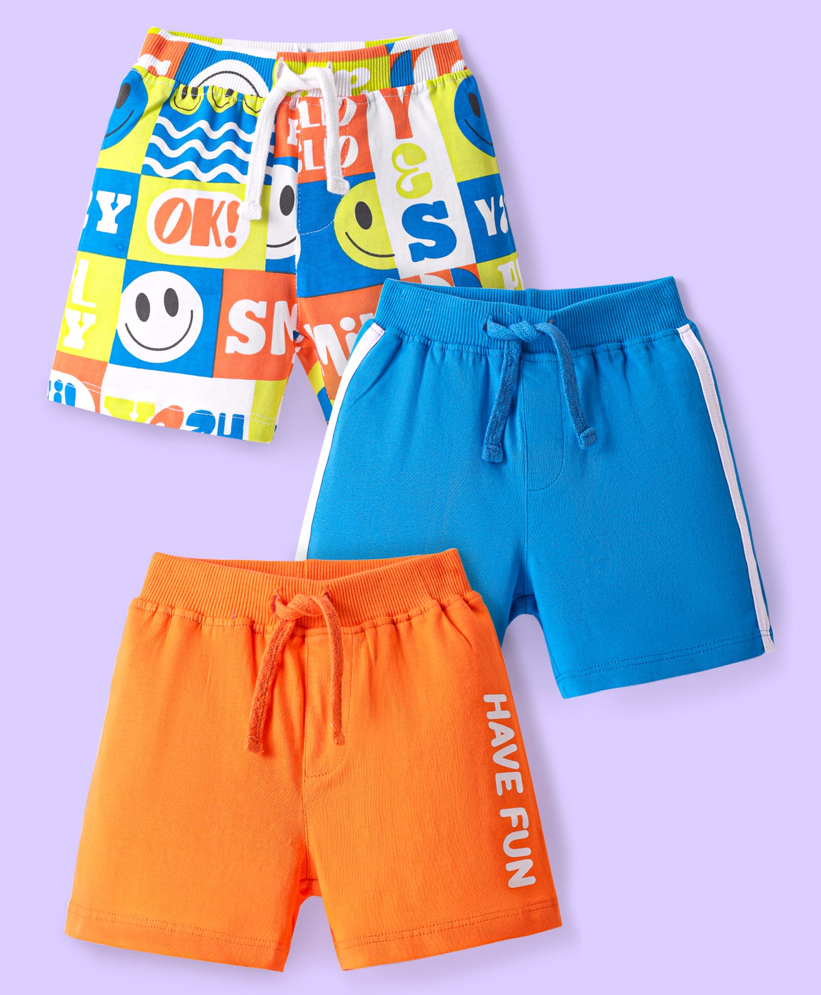 Babyhug Cotton Knit Mid Thigh Length Shorts with Text Print & Tape Detailing Pack of 3 - Orange & Blue-image-48
