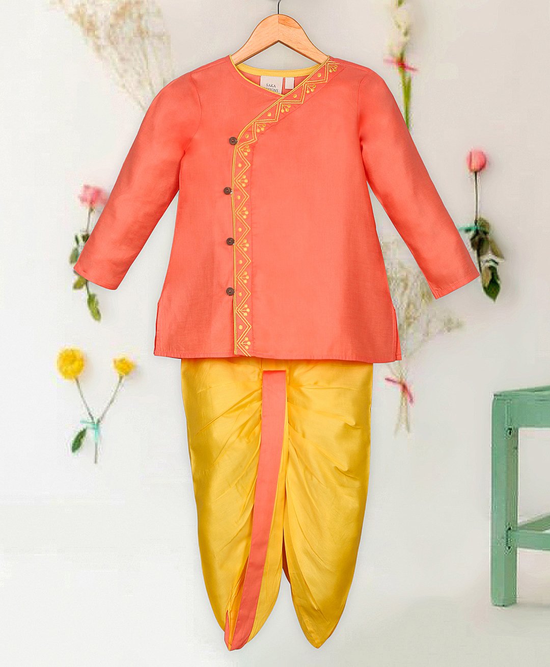 Saka Designs By Sapna Pure Cotton Full Sleeves Ethnic Embroidered Kurta Dhoti Set - Orange & Yellow-picture-37
