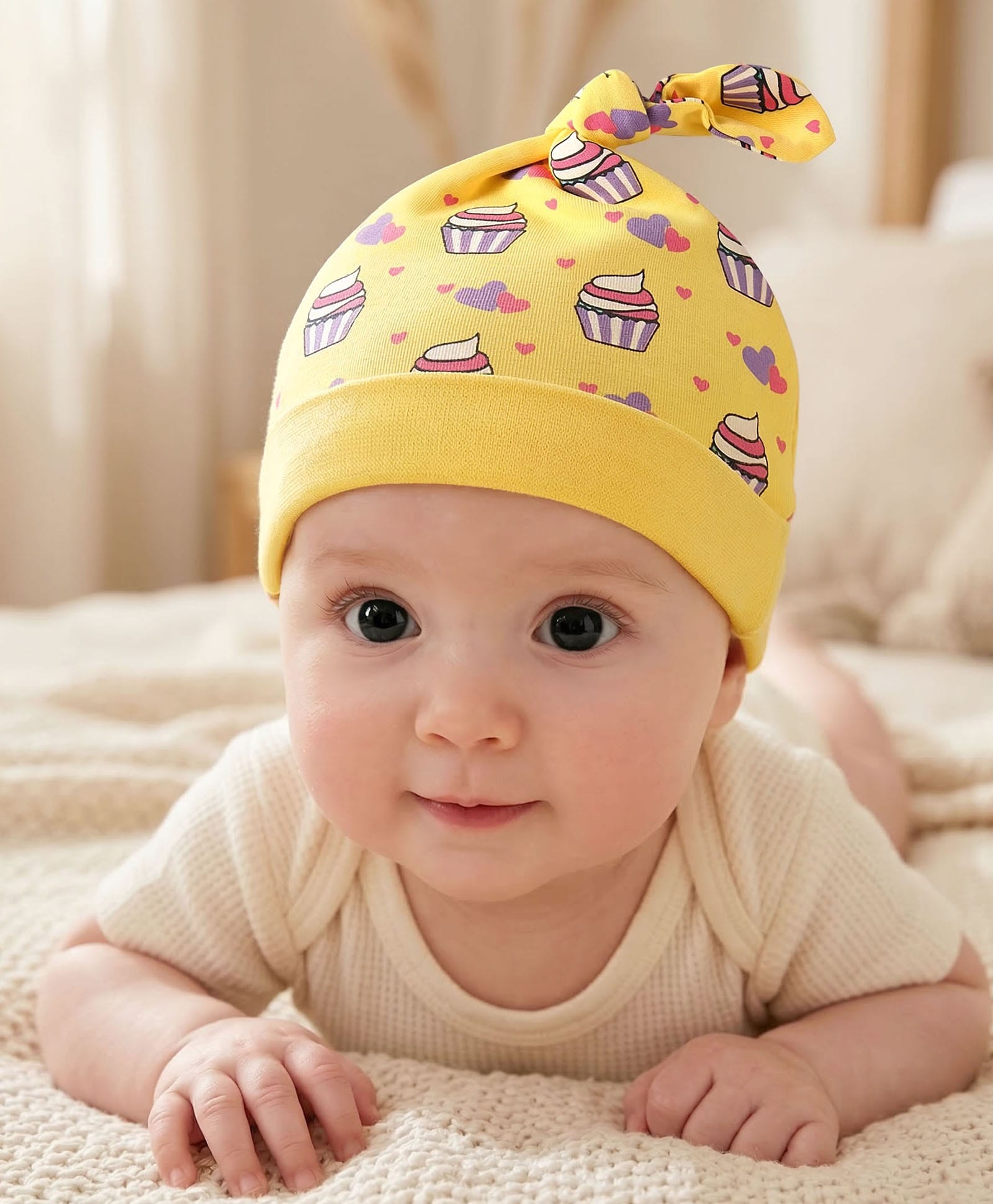 Babyhug 100% Cotton Cap with Cupcake Print - Yellow-image-17