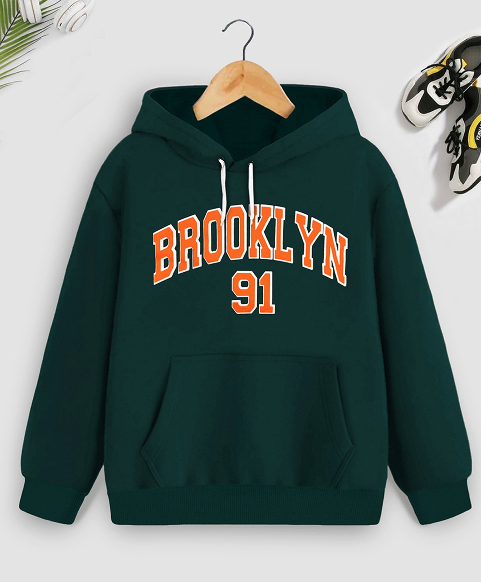 Trampoline Cotton Blend Full Sleeves Brooklyn 91 Text Printed Hooded Sweatshirt - Green-picture-20