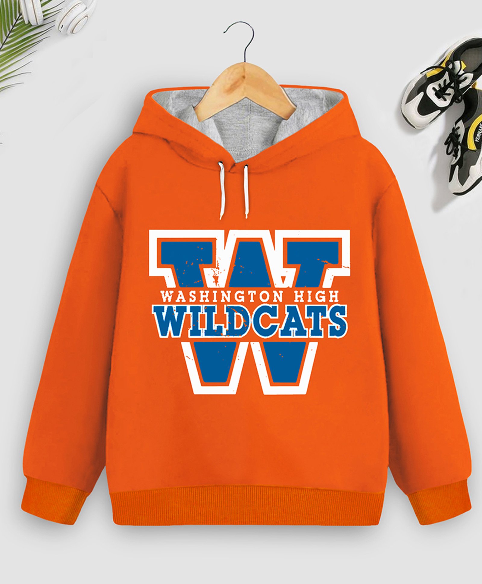 Trampoline Cotton Blend Full Sleeves Wildcats Text Printed Hooded Sweatshirt - Orange