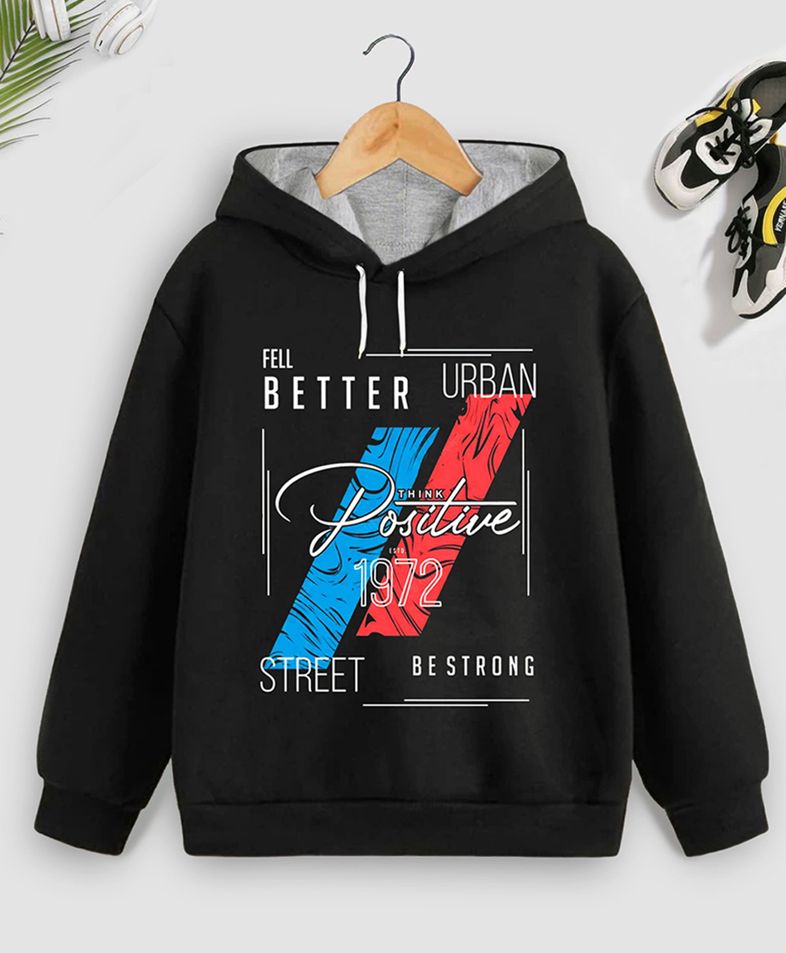 Trampoline Cotton Blend Full Sleeves Think Positive Text Printed Hooded Sweatshirt - Black-picture-19