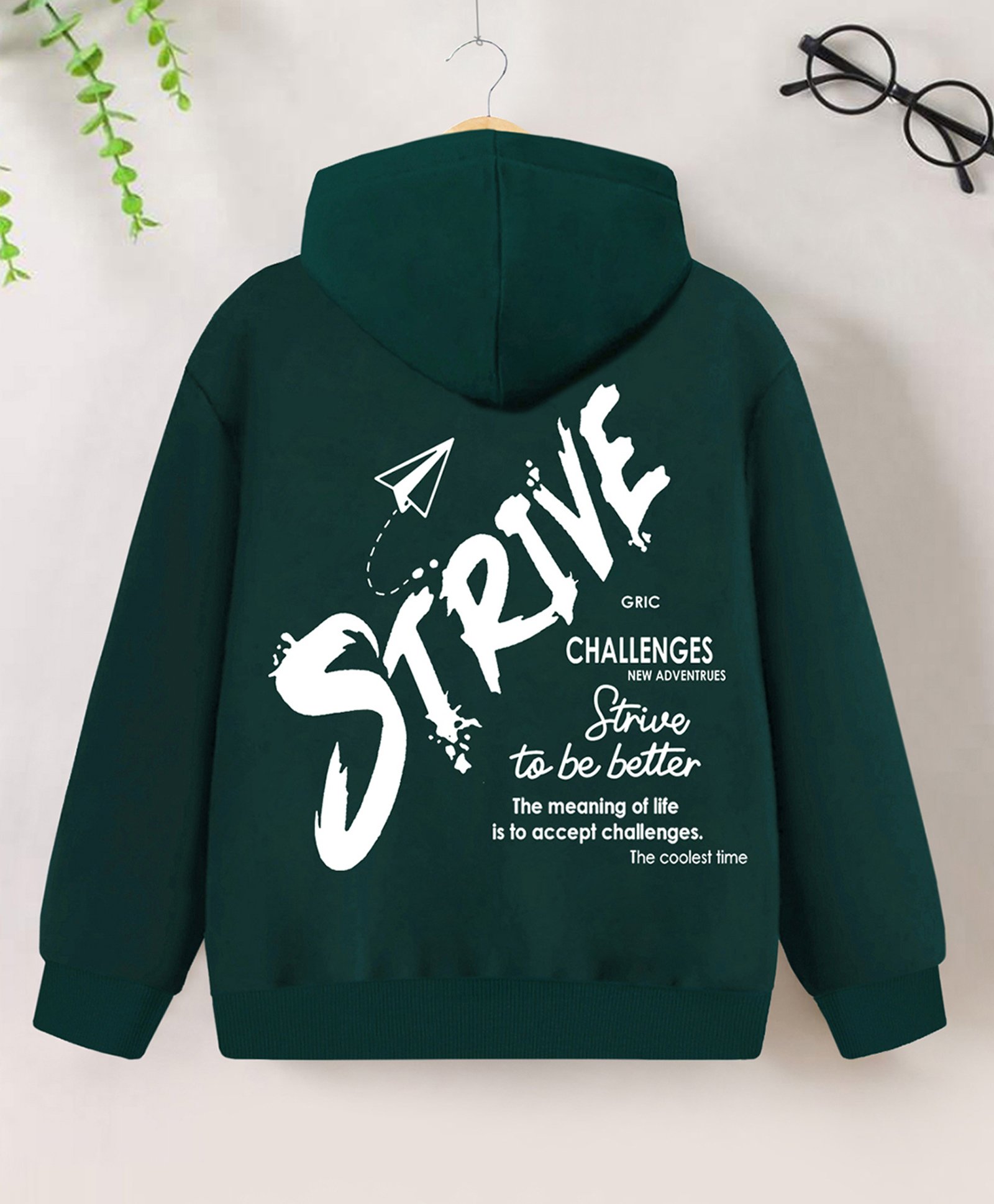 Trampoline Cotton Blend Full Sleeves Strive Text Back Printed Hooded Sweatshirt - Green-image-47