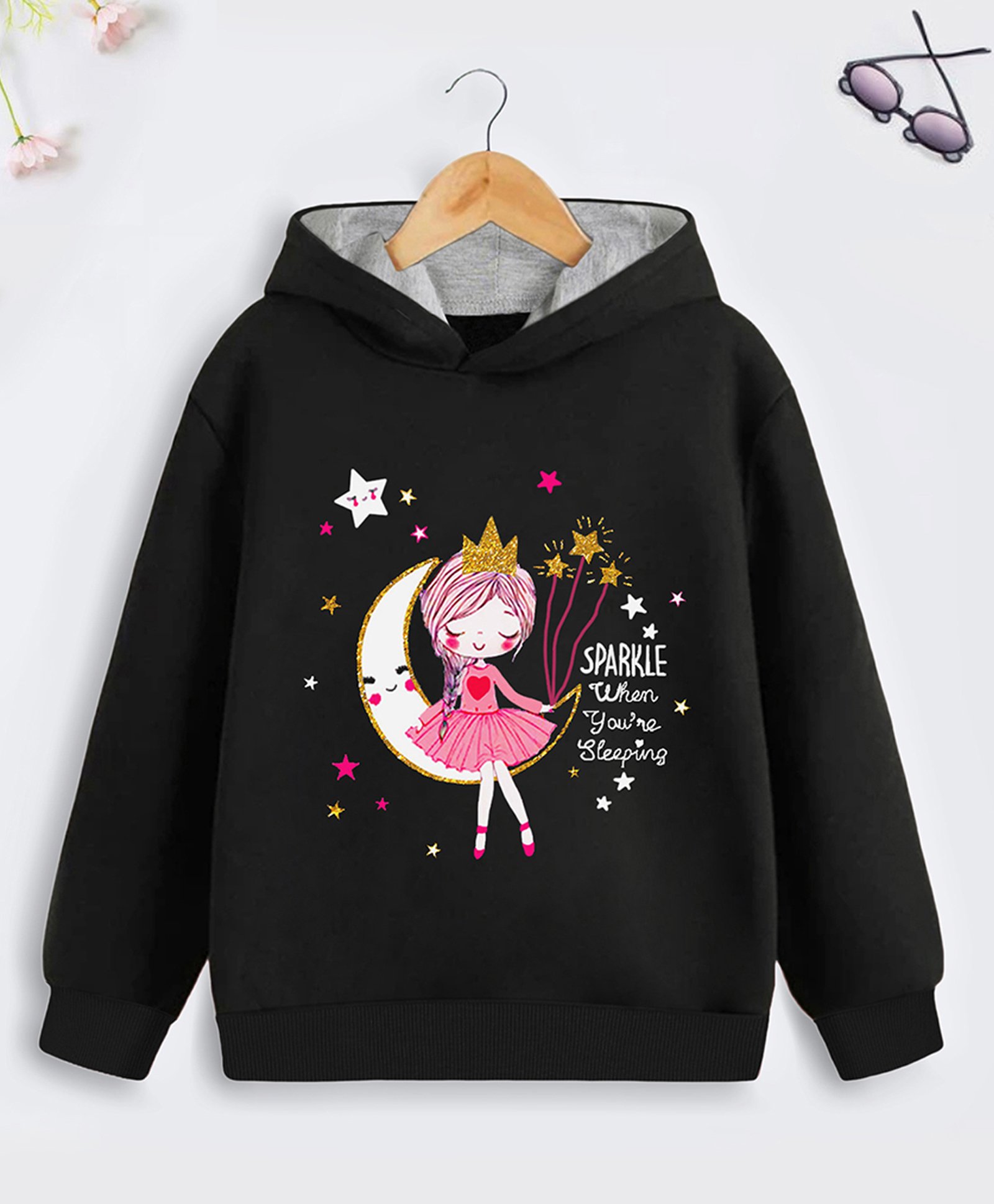 Trampoline Cotton Blend Full Sleeves Sparkle When You re Sleeping Text Printed Hooded Sweatshirt - Black-picture-25