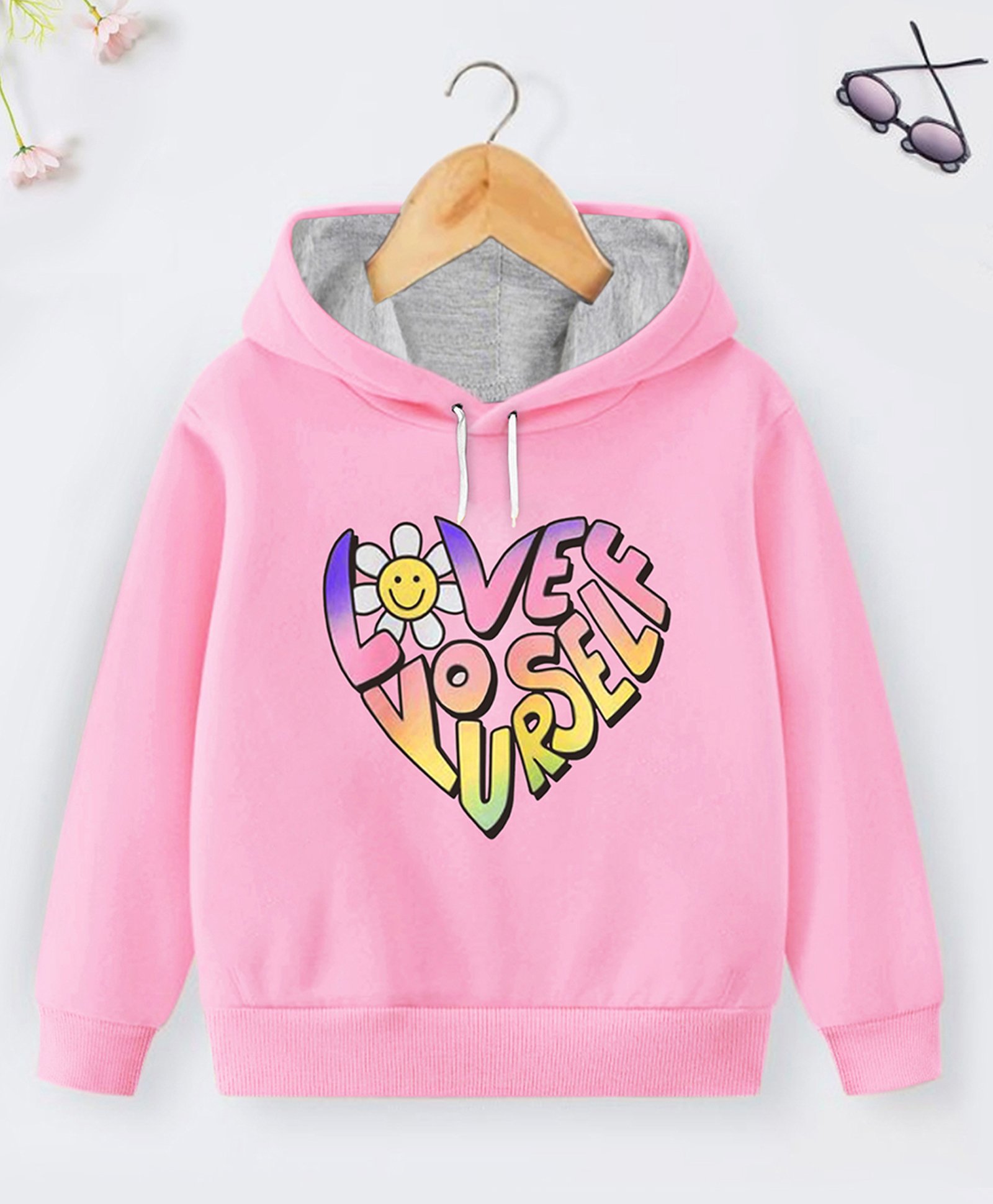 Trampoline Cotton Blend Full Sleeves Love Yourself Text Printed Hooded Sweatshirt - Pink-picture-21