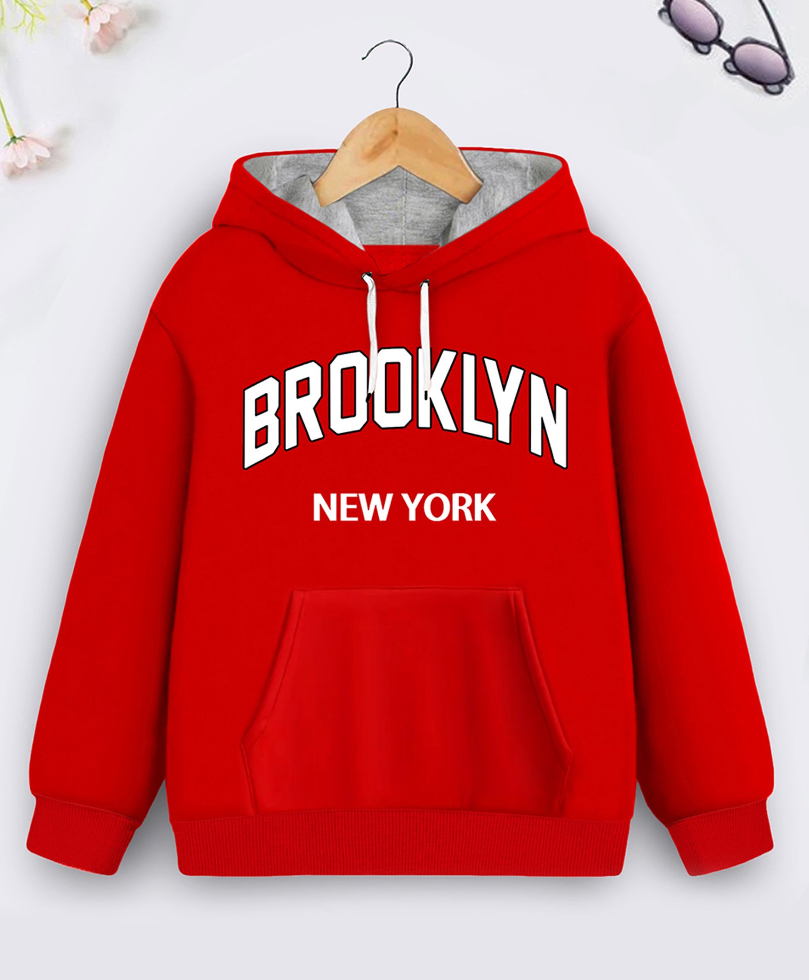 Trampoline Cotton Blend Full Sleeves Brooklyn Text Printed Hooded Sweatshirt - Red-picture-16