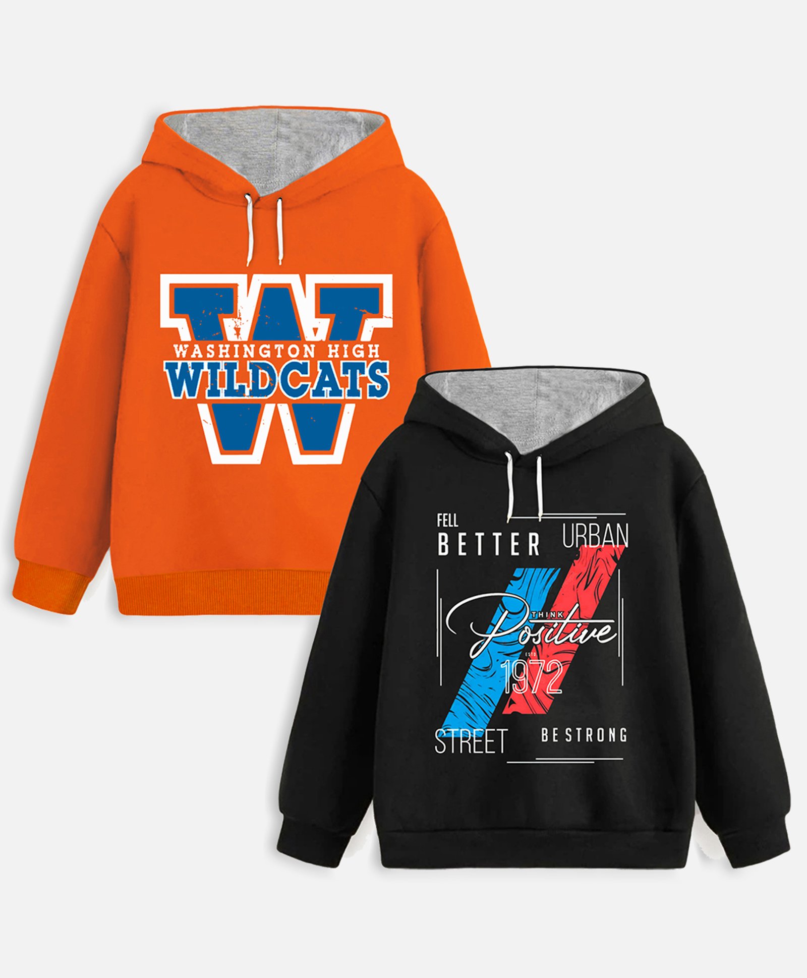 Trampoline Fleece Pack Of 2 Full Sleeves Typography Printed Hooded Sweatshirts - Orange & Black-image-40