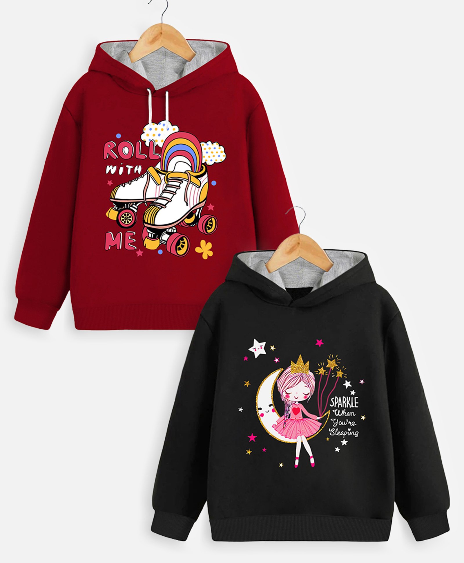 Trampoline Fleece Pack Of 2 Full Sleeves Princess & Typography Printed Hooded Sweatshirts - Maroon & Black-image-45