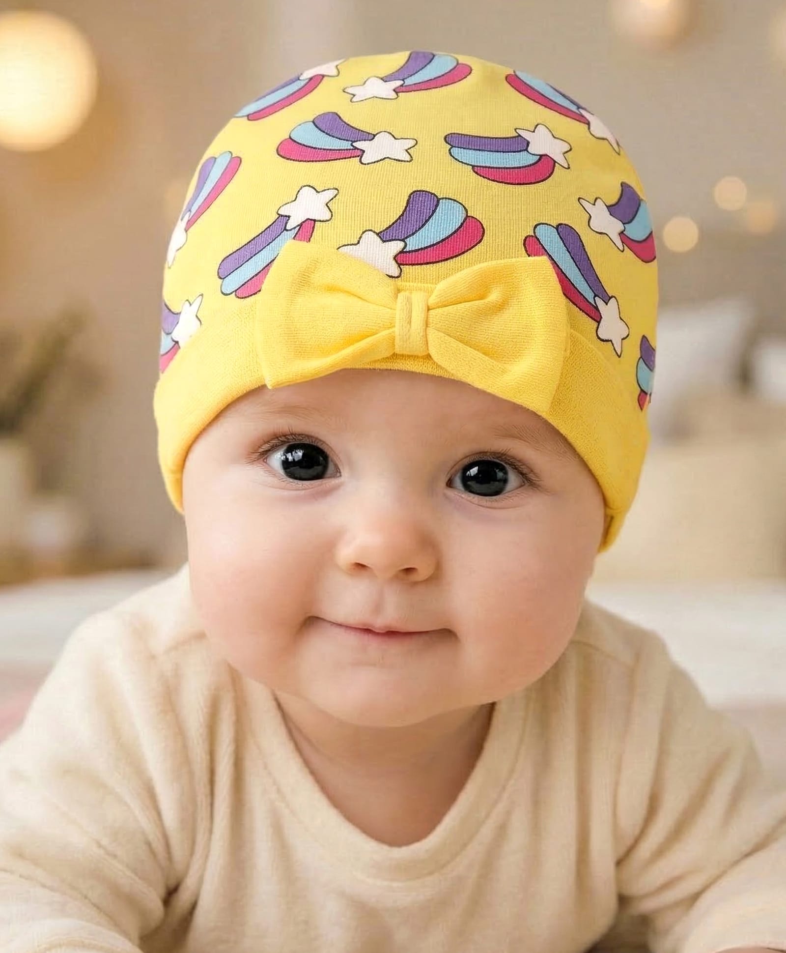 Babyhug 100% Cotton Cap with Rainbow Print & Bow Applique - Yellow-picture-24