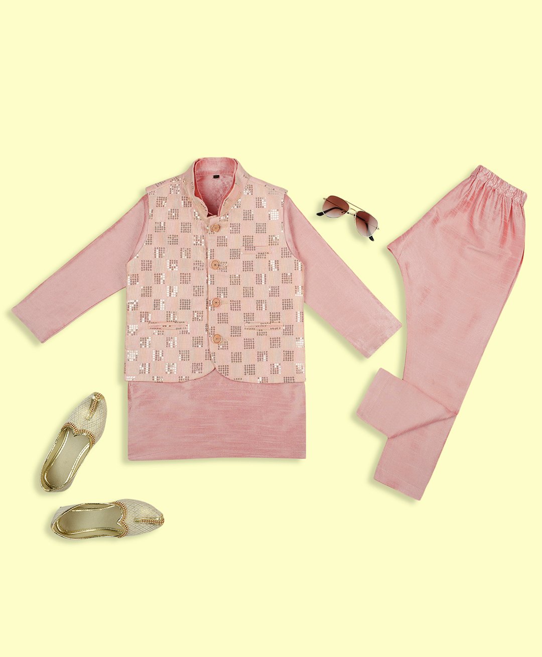 KIDS ISLAND Silk Full Sleeves Check Shaped Threadwork Embroidered & Sequins Embellished Kurta Pyjama With Nehru Jacket Set - Pink-picture-21