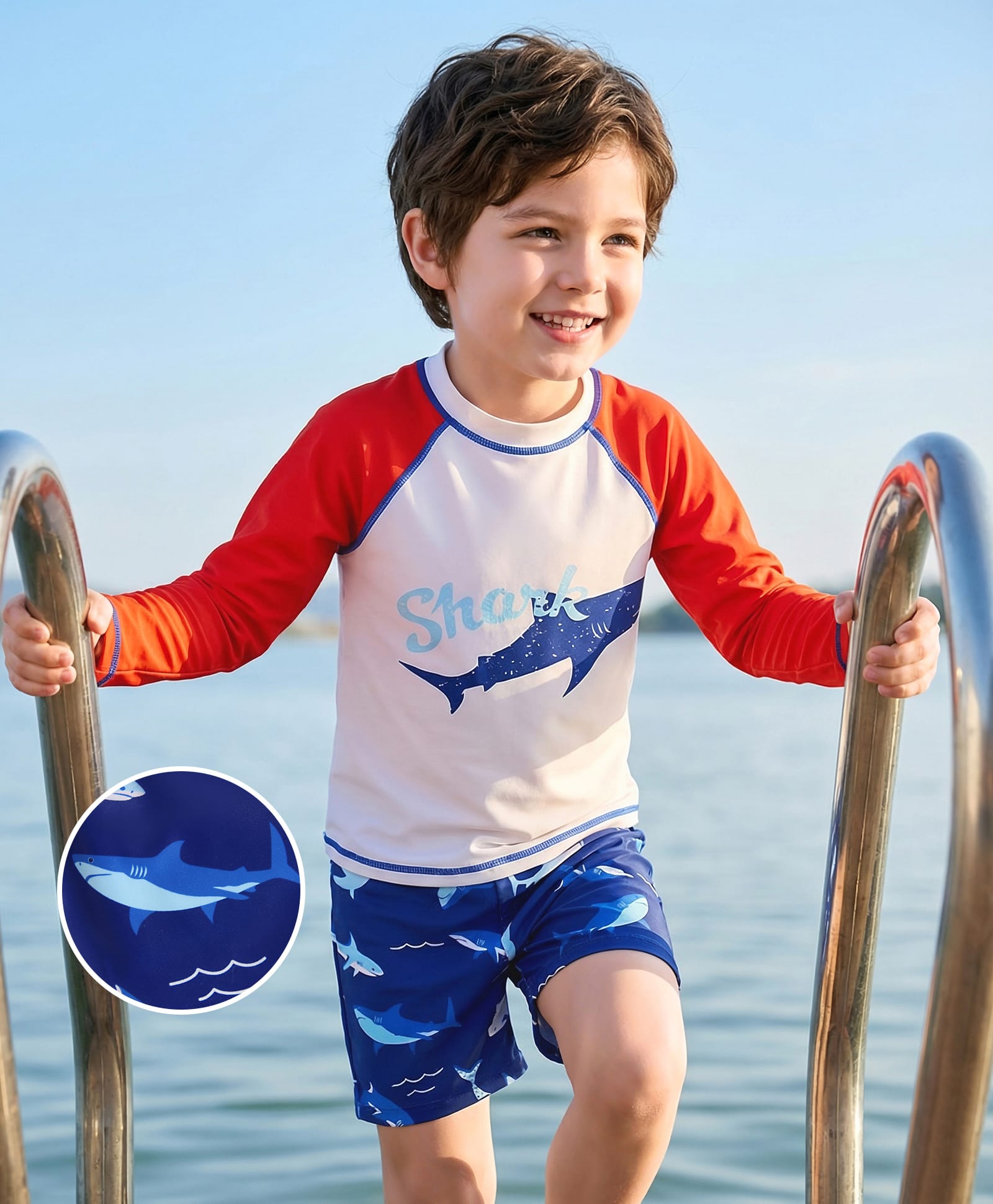 Mark & Mia Full Raglan Sleeves Two Piece Swimsuit With Shark Print - White Orange & Blue-image-10