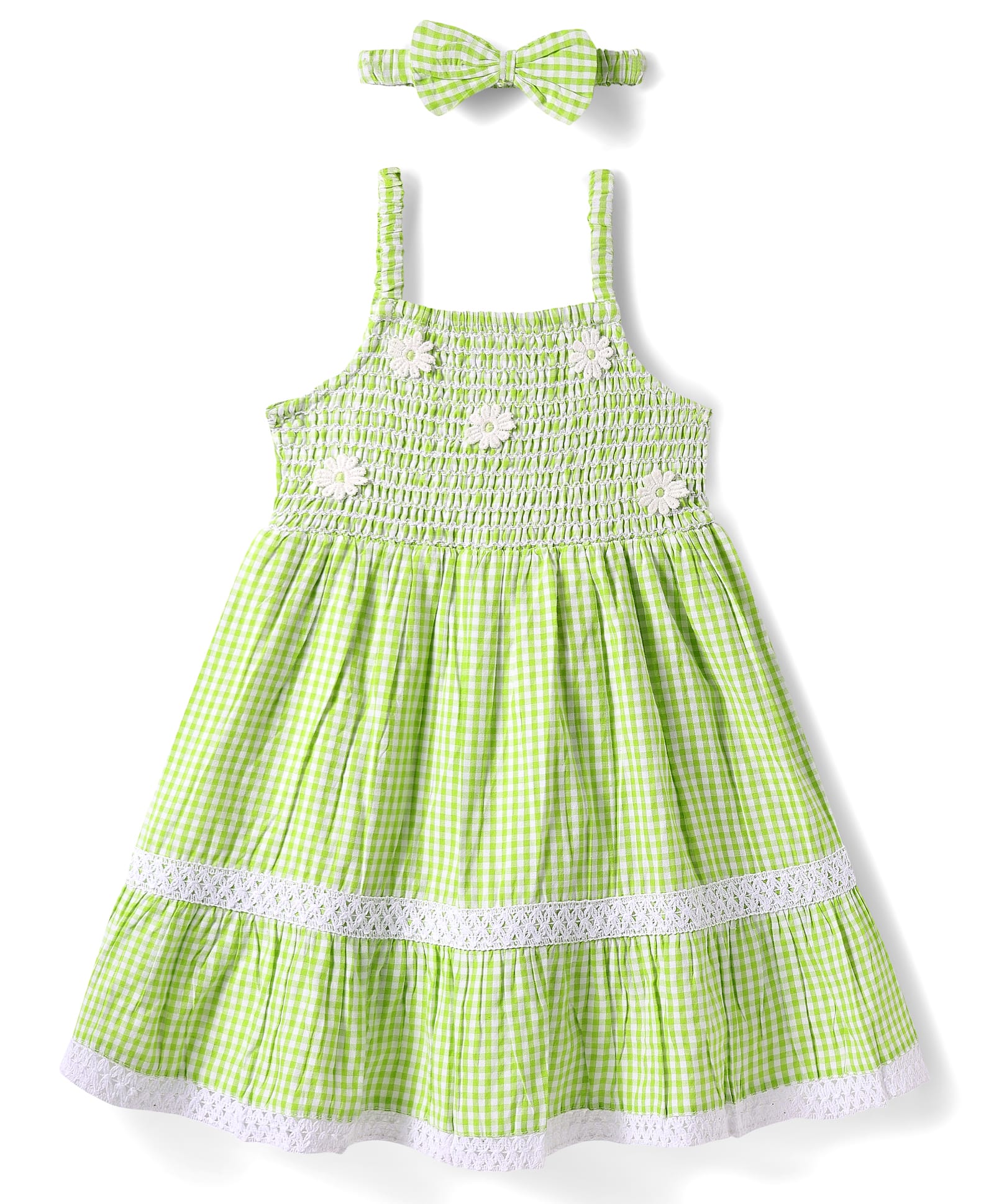 Babyhug Cotton Knit Sleeveless Checkered Frock with Headband Floral Embroidery & Smocking - Light Green