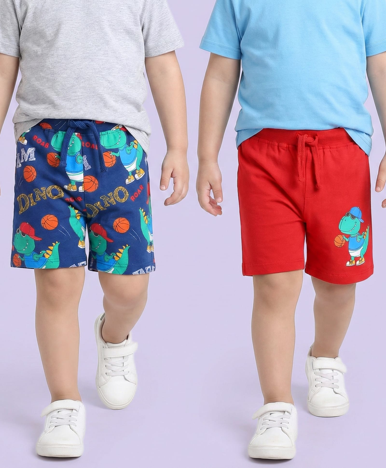 Babyhug Cotton Knit Mid Thigh Shorts with Dino Print Pack of 2 - Red & Navy Blue-picture-19