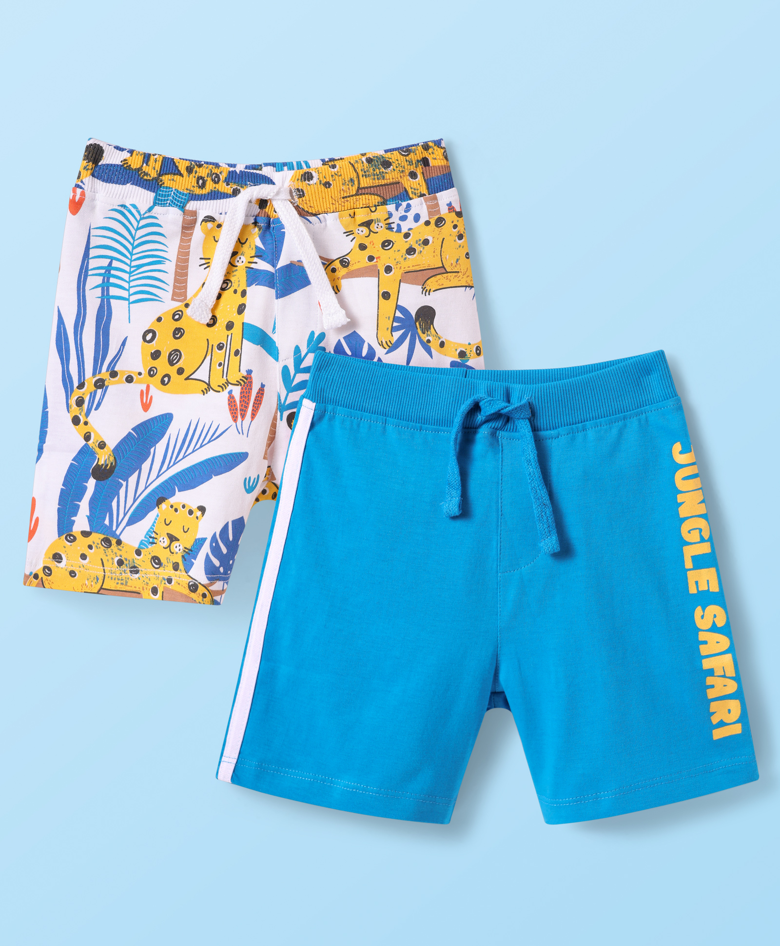 Babyhug Single Jersey Knit Mid Thigh Shorts with Animal & Jungle Safari Text Print Pack Of 2 - White & Blue-picture-14