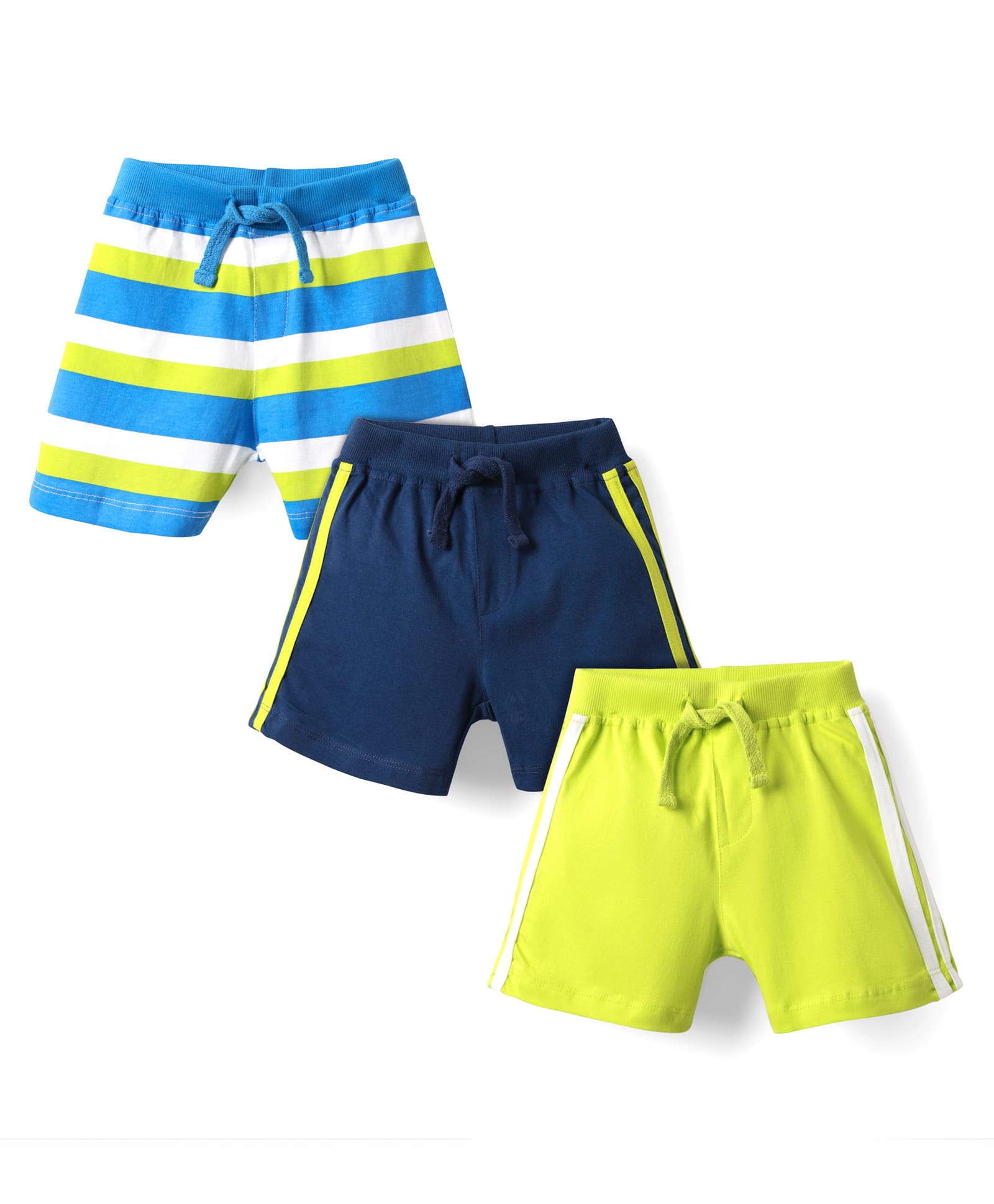 Babyhug Cotton Knit Mid Thigh Length Striped Shorts with Tape Detailing Pack of 3 - Light Green Navy & Light Blue-image-39