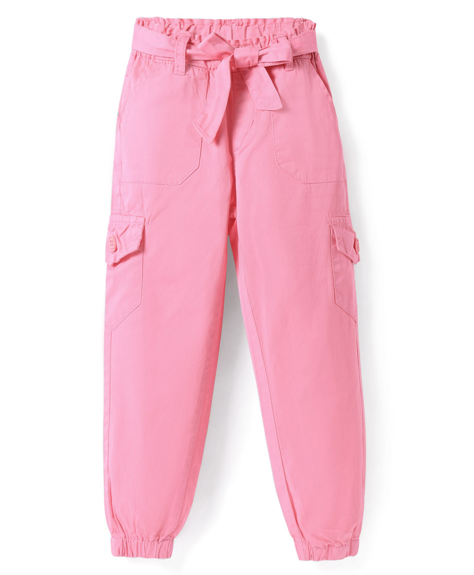 Olio Kids Cotton Woven Full Length Solid Colour Trousers With Cargo Pockets - Pink-picture-15