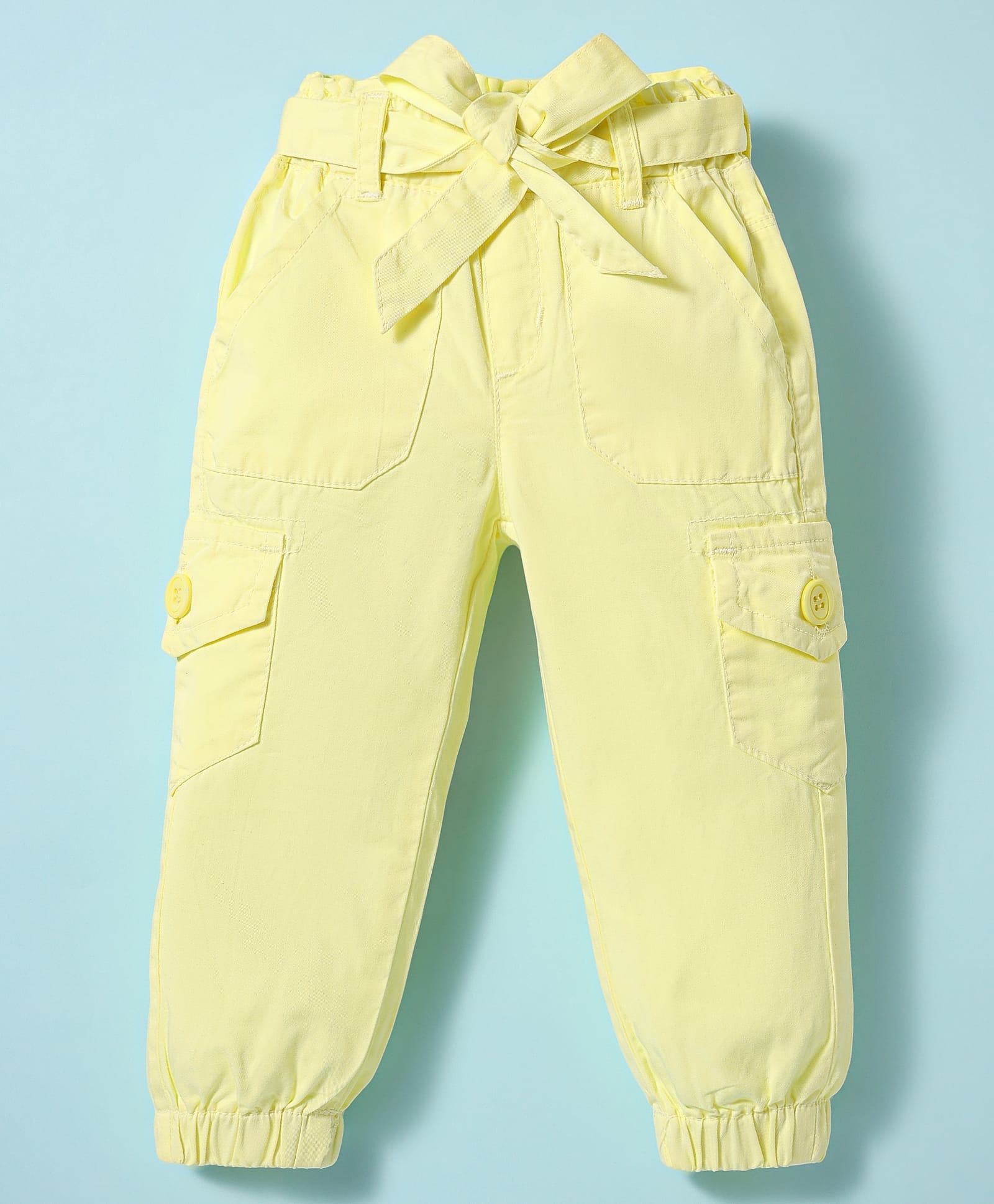 Olio Kids Cotton Woven Full Length Solid Colour Trousers With Fabric Belt & Cargo Pockets - Yellow-picture-18