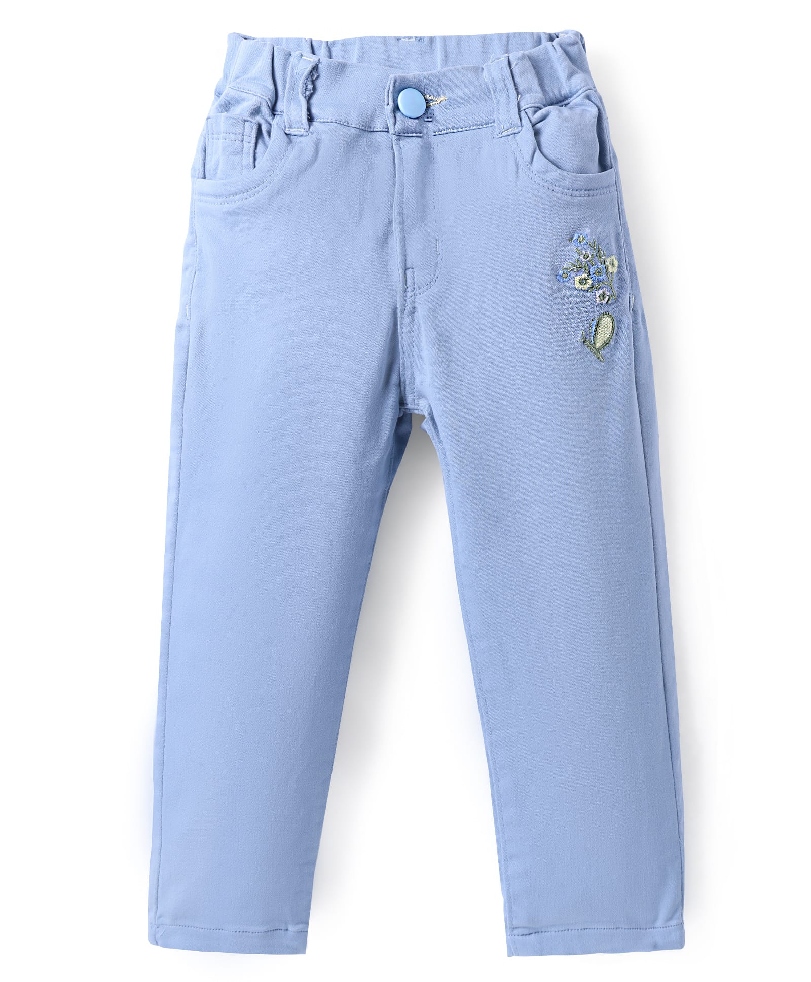 Olio Kids Cotton Woven Full Length Trousers With Floral Embroidery - Blue-picture-24