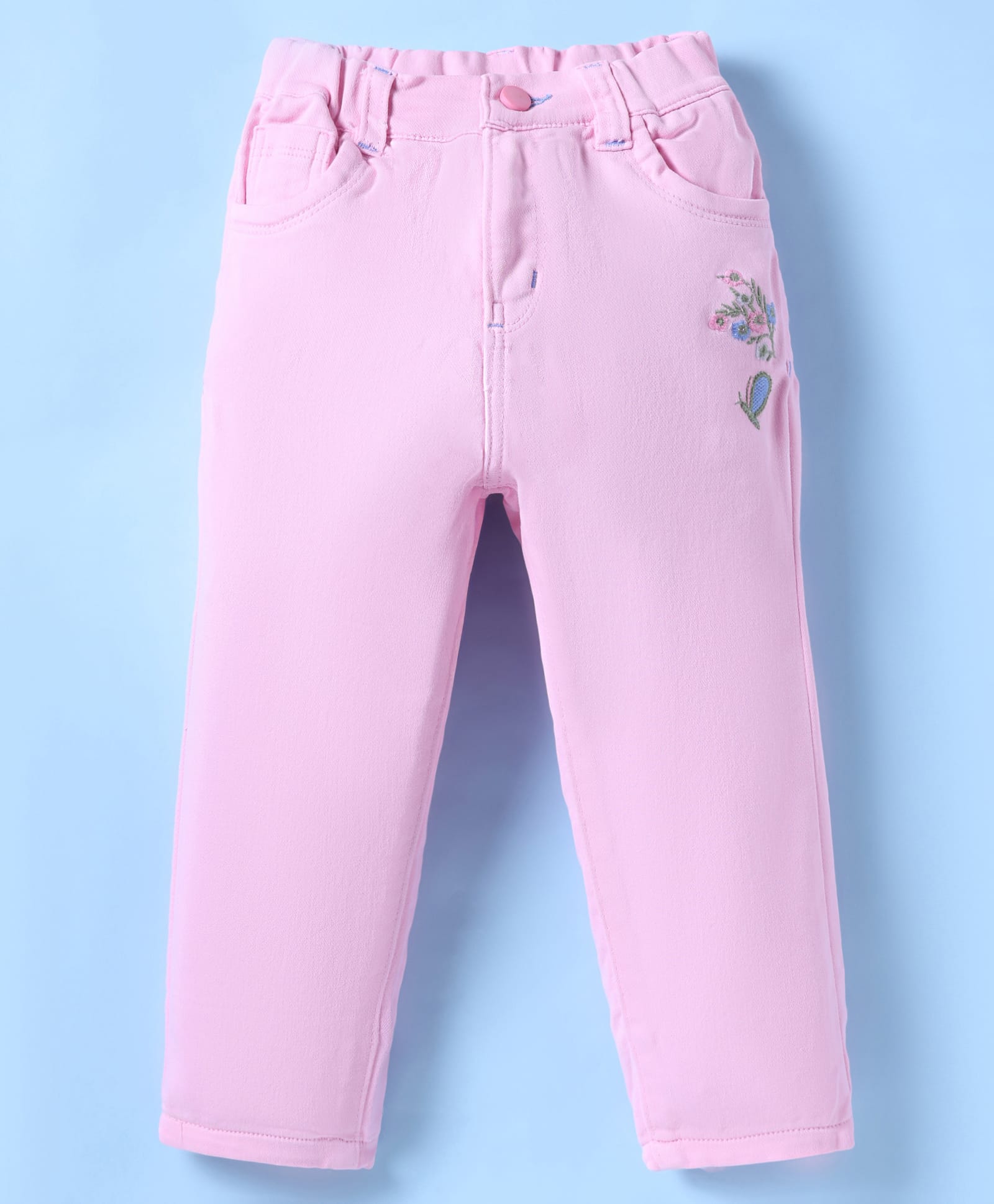 Olio Kids Cotton Woven Full Length Solid Color Trouser with Foral Embroidery - Pink-picture-35