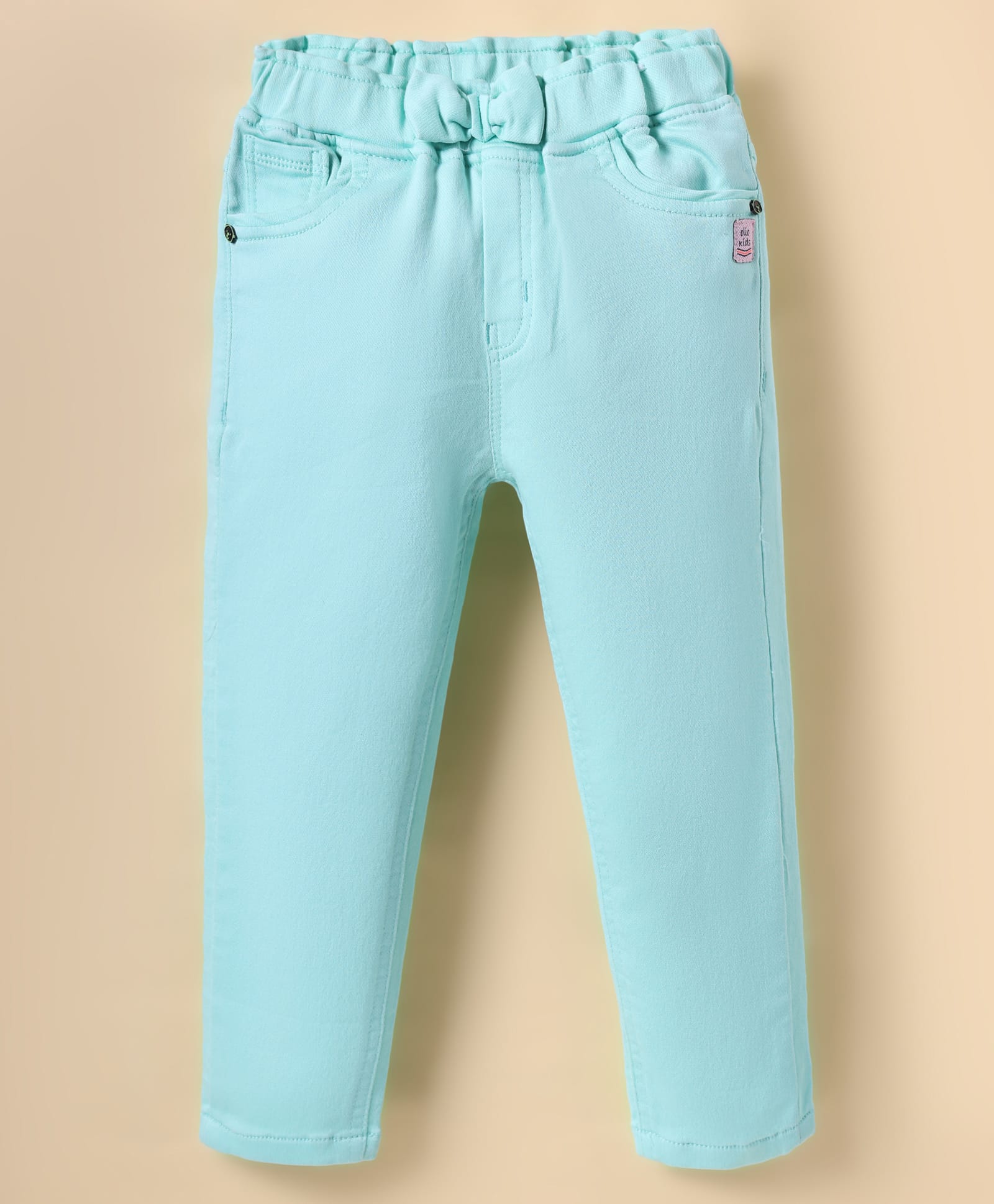 Olio Kids Cotton Woven Full Length Solid Color Trouser With Bow Applique - Aqua Blue-picture-22
