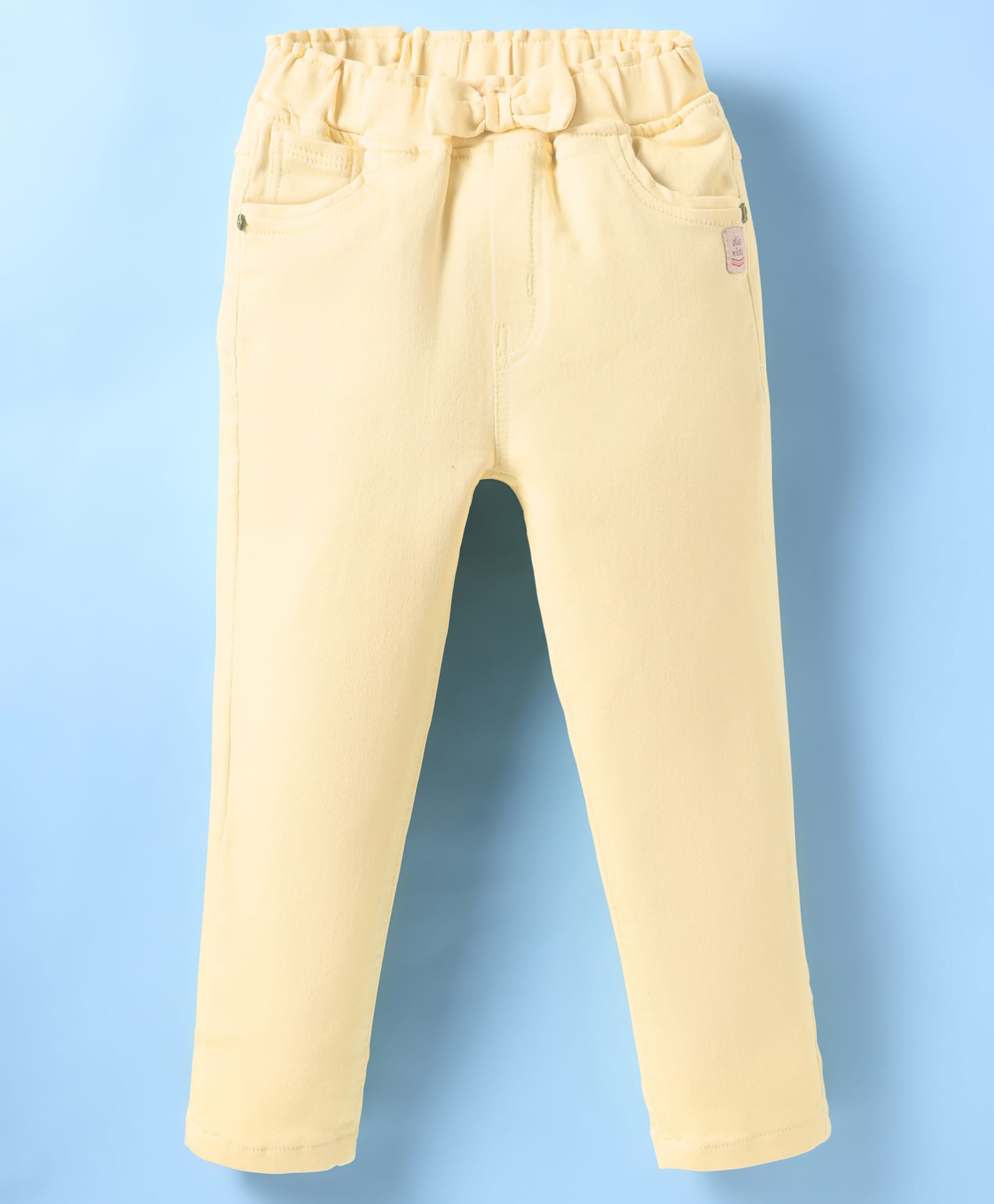 Olio Kids Cotton Woven Full Length Solid Color Trouser With Bow Applique - Lemon-picture-10