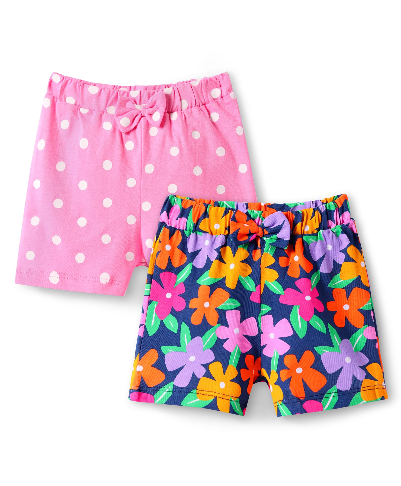Babyhug Single Jersey Knit Mid Thigh Shorts With Polka Dot & Floral Print & Bow Applique Pack of 2 - Pink & Navy Blue-image-19