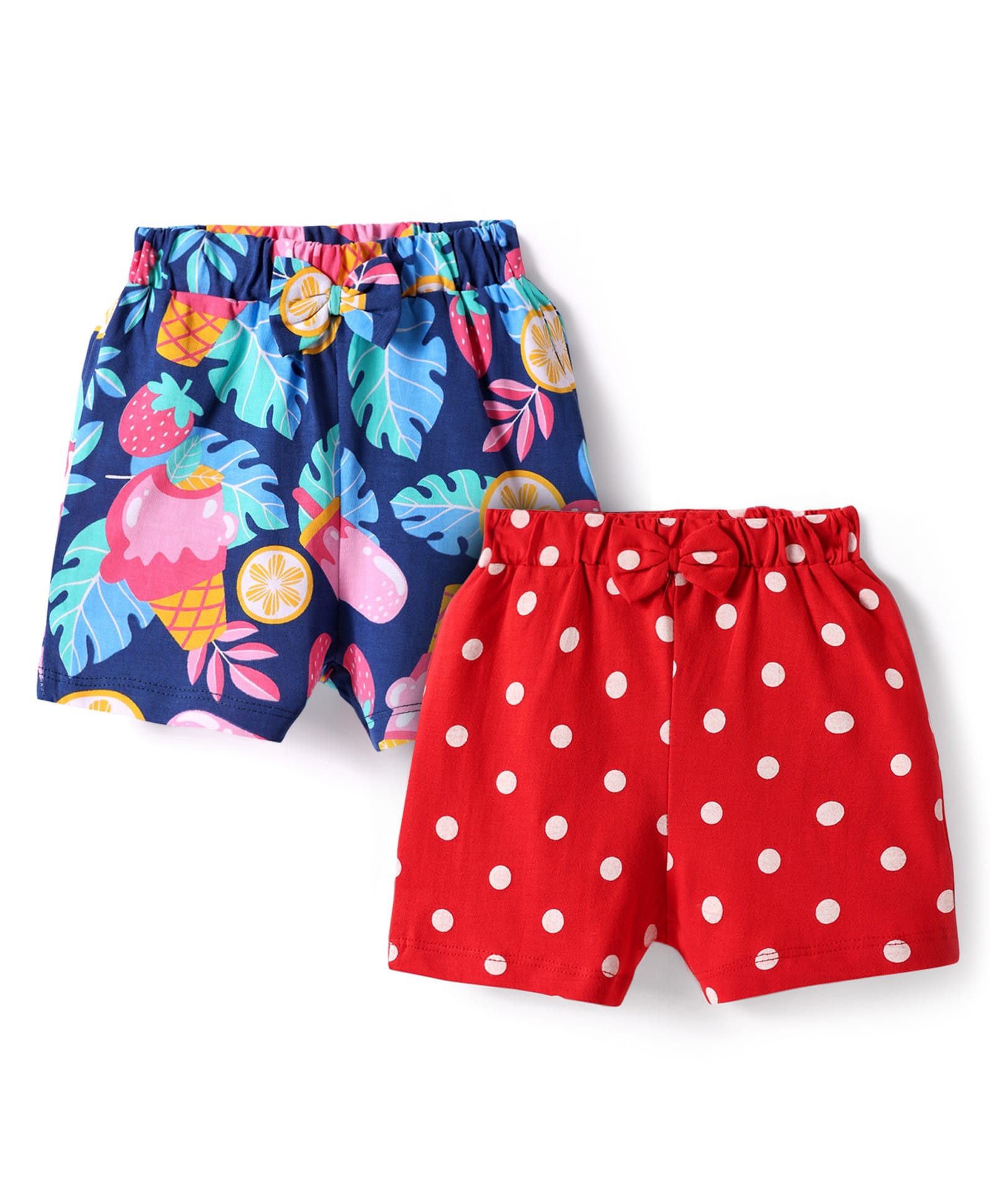 Babyhug Cotton Single Jersey Knit Mid Thigh Shorts With Leafy & Polka Dot Print Pack of 2 - Red & Navy-image-19
