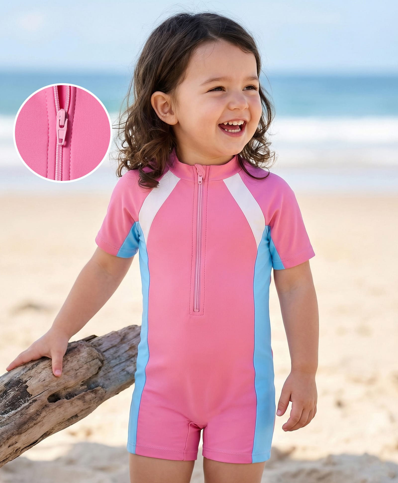 Mark & Mia Half Raglan Sleeves Legged Swimsuit With Color Block Design - Pink & Blue-image-45
