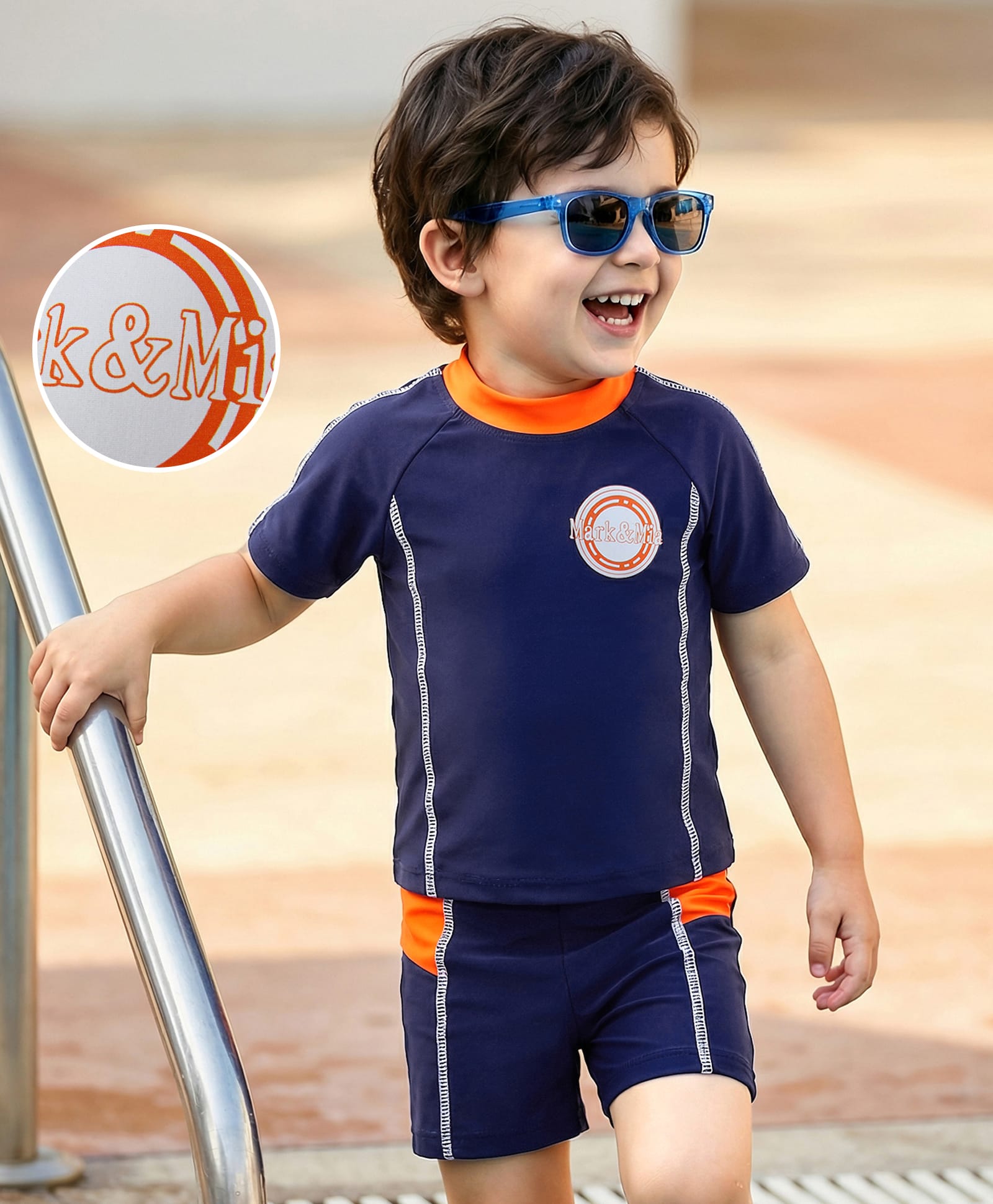 Mark & Mia Half Sleeves Two Piece Swimsuit with Logo Print - Navy Blue-image-48
