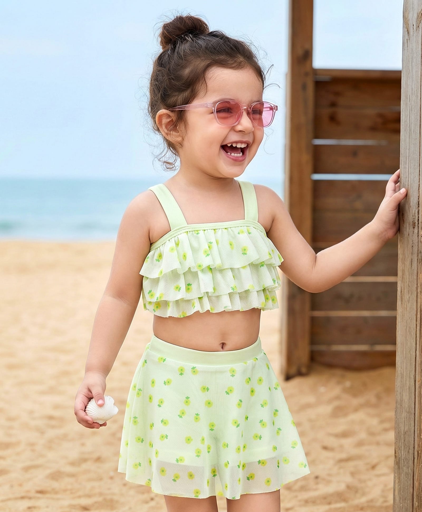 Babyhug Sleeveless Two Piece Swimsuit With Floral Print - Yellow-image-26