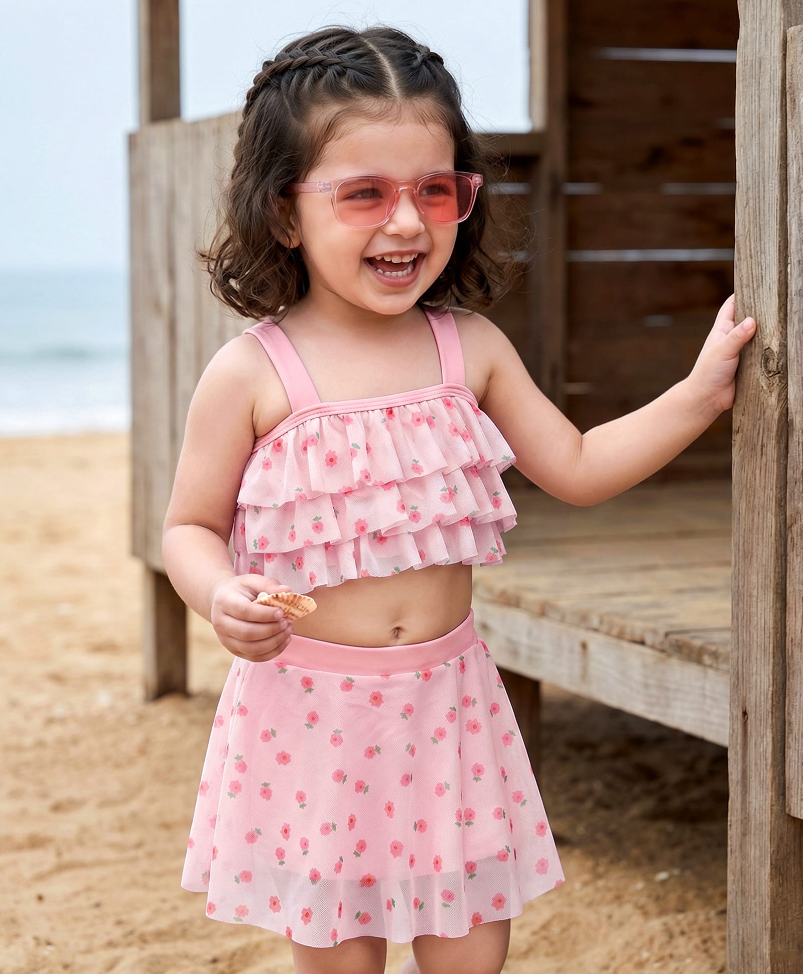 Babyhug Sleeveless Two Piece Swimsuit With Floral Print - Pink-image-17