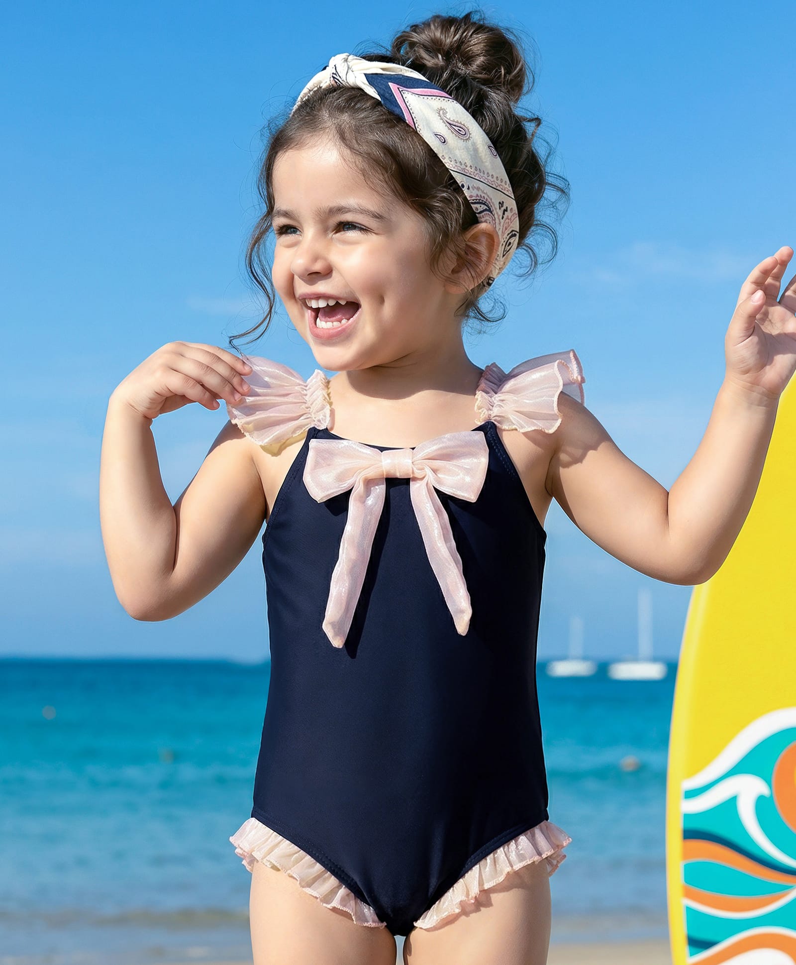 Babyhug Frill Sleeves V Cut Swimsuit With Bow Applique - Navy Blue-image-20