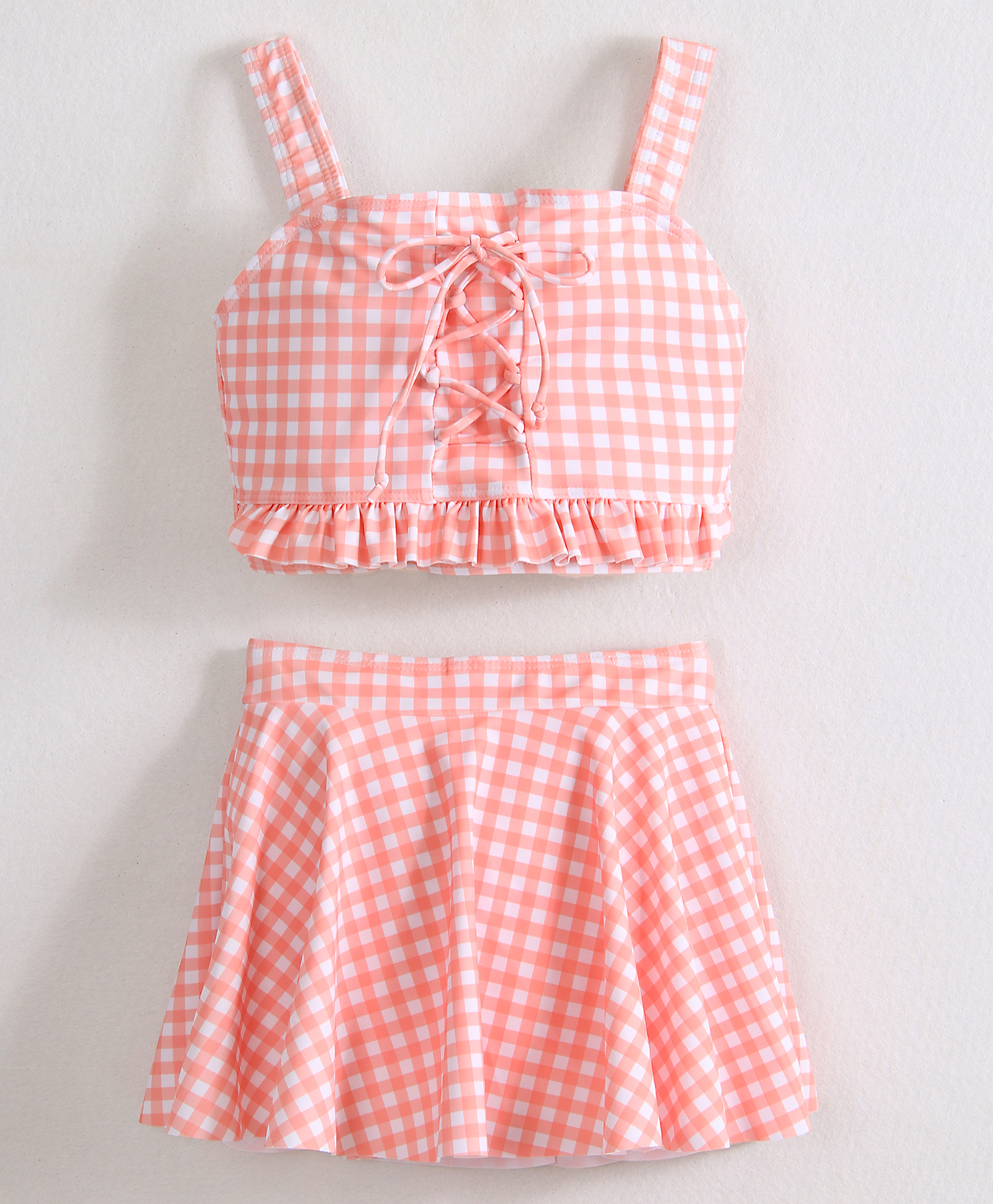 Mark & Mia Sleeveless Two Piece Swimsuit Checkered Print & Lace Detailing - Orange-image-40
