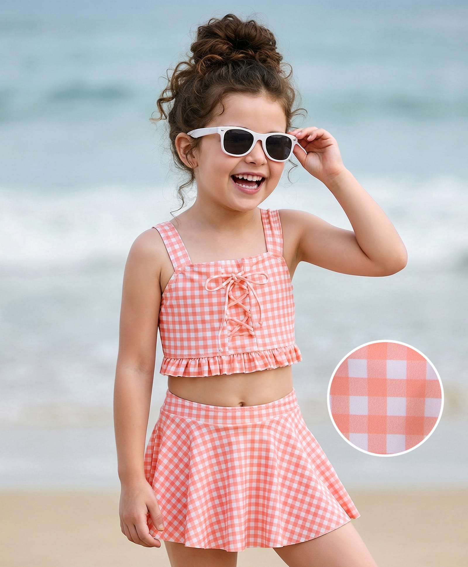 Mark & Mia Sleeveless Two Piece Swimsuit Checkered Print & Lace Detailing - Orange-image-43