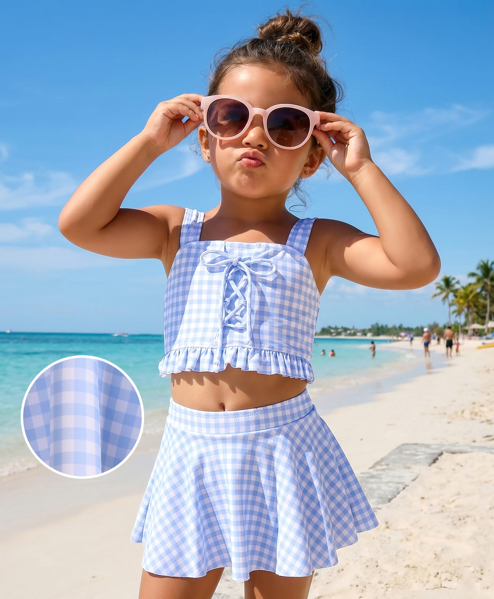 Mark & Mia Sleeveless Two Piece Swimsuit with Checkered Print & Lace Detailing - Light Blue-image-13