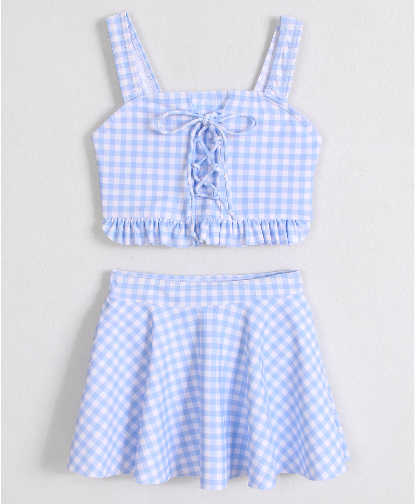Mark & Mia Sleeveless Two Piece Swimsuit with Checkered Print & Lace Detailing - Light Blue-image-15